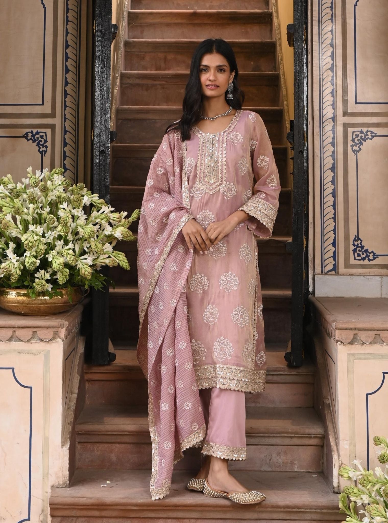 Mulmul Luxe Tissue Kasuri Lilac Kurta with Mulmul Pima Satin Kasuri Lilac Pant