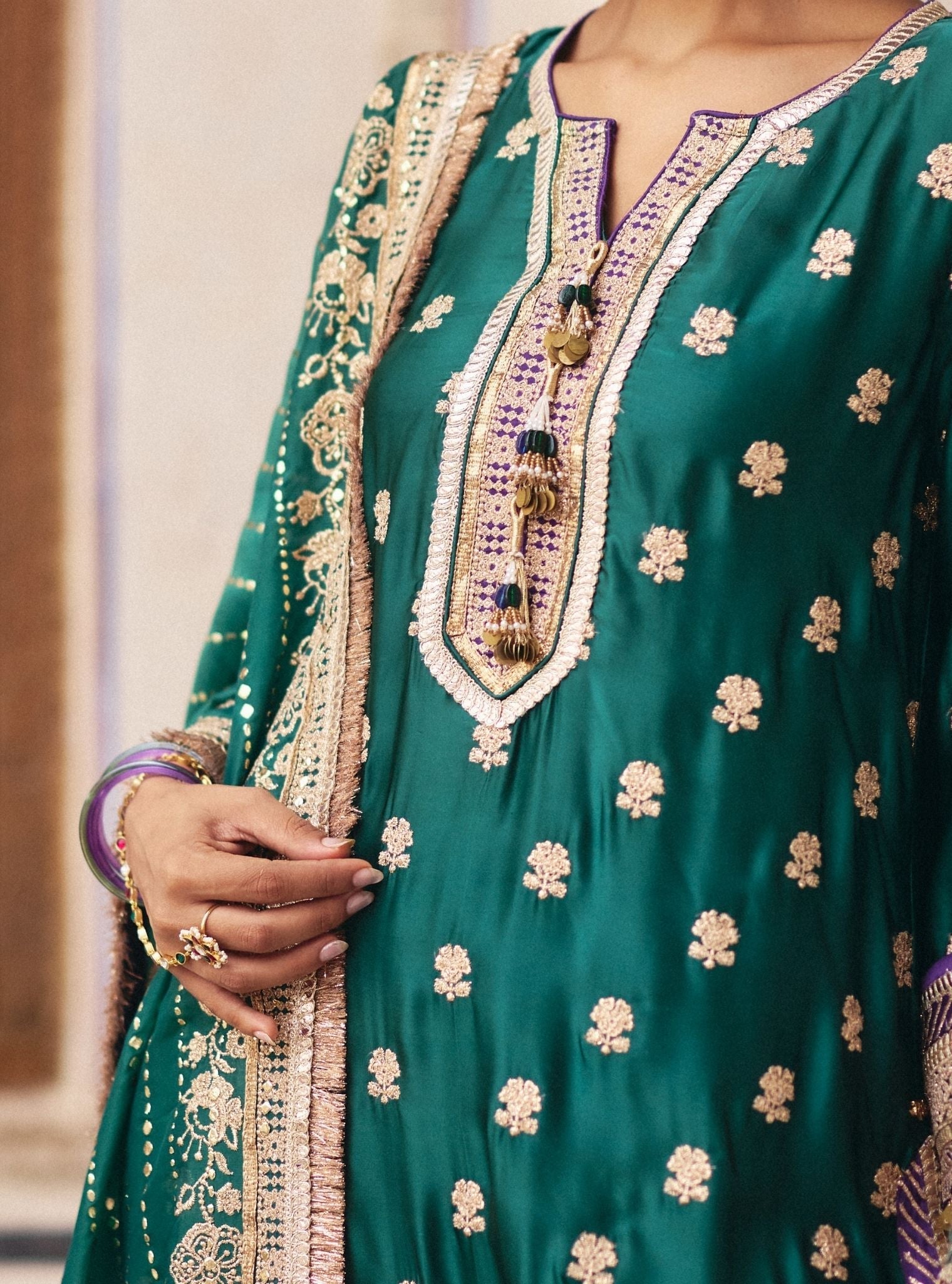Surkhi Cupro Satin Emerald Green Kurta with Garara