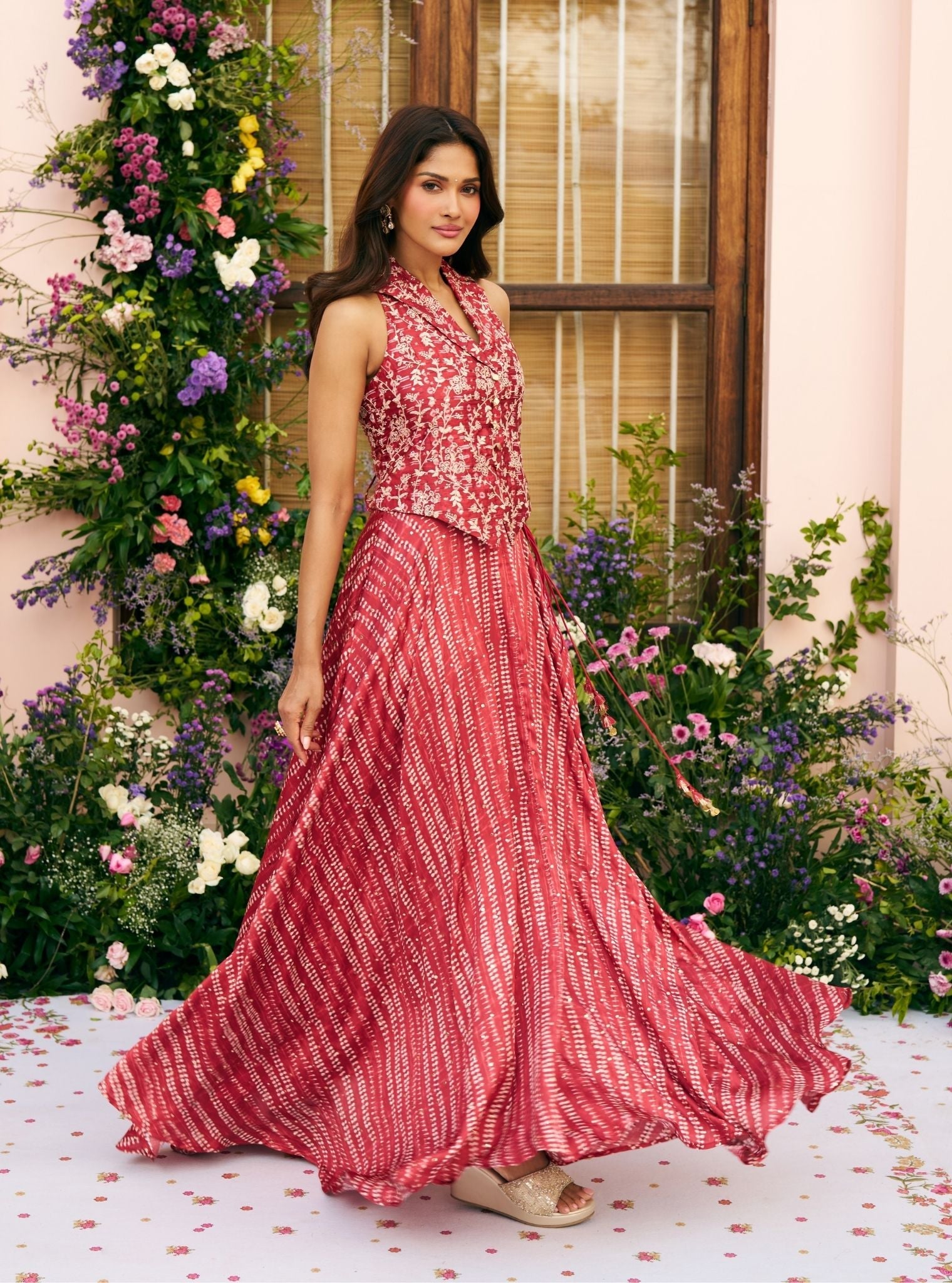 Badami Cupro Satin Printed Red Waistcoat with Skirt