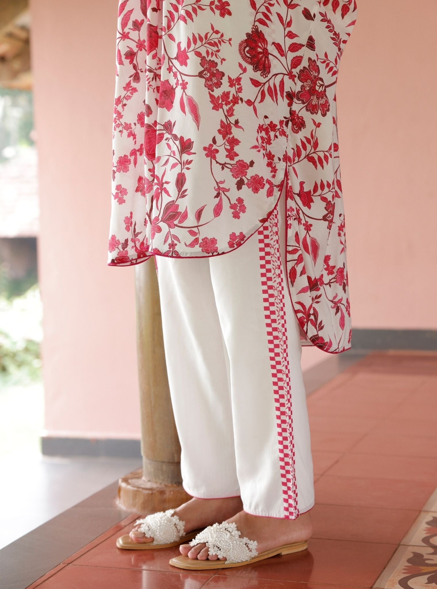 Marius Lawn Printed White/Fuschia Kurta Set