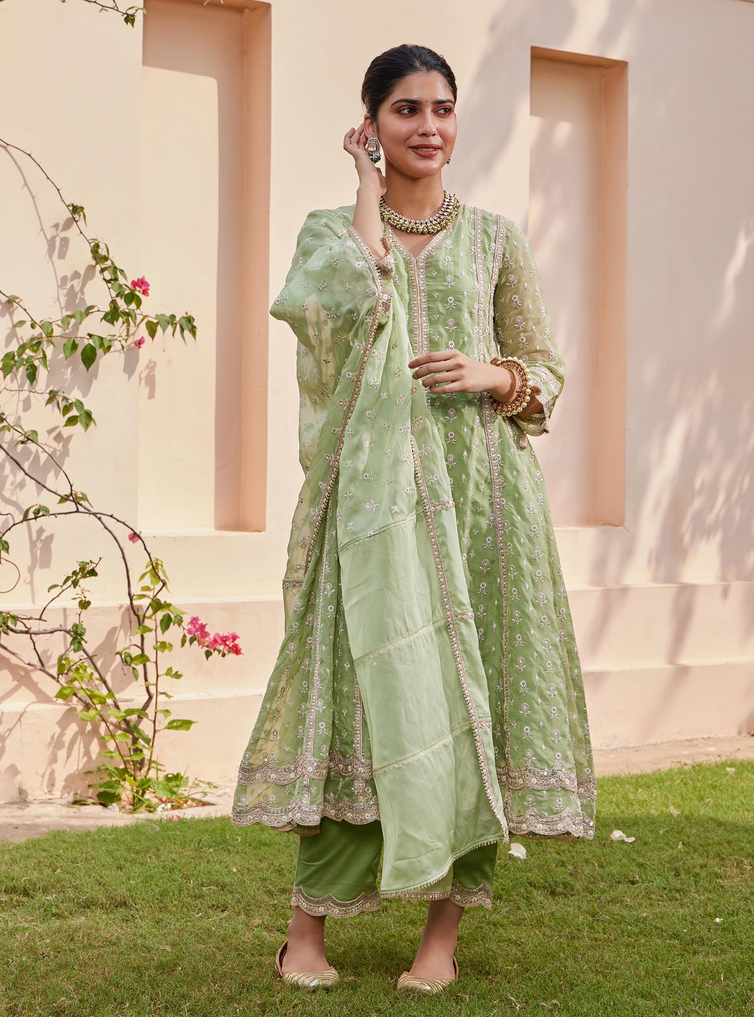 Mulmul Organza Smera Anarkali Green Kurta with Mulmul Pima Smera Green Pant