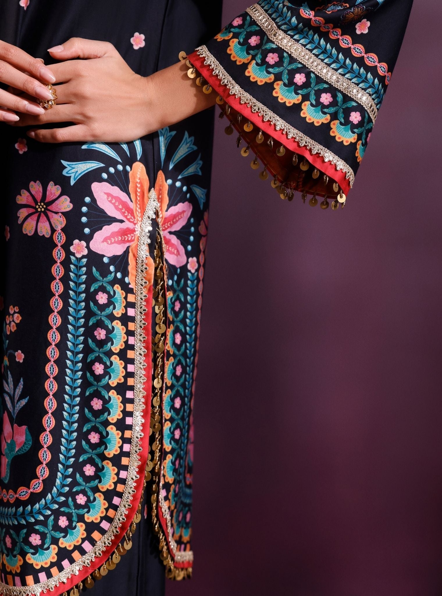 Omira Pima Satin Printed Black Kurta Set