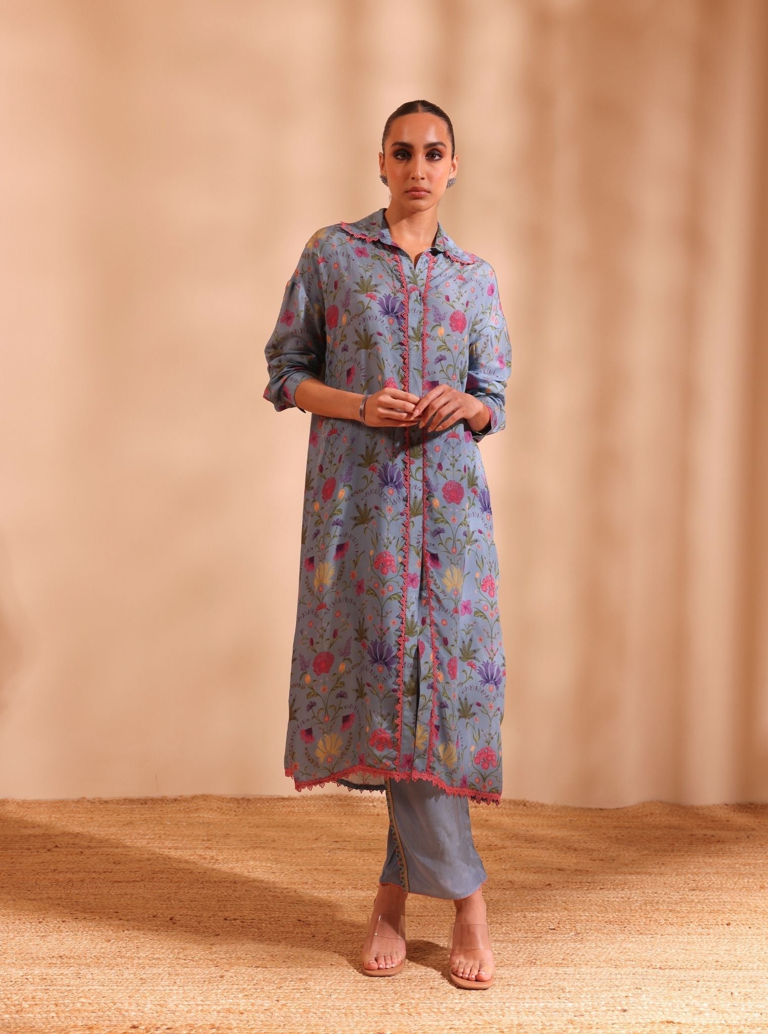 Mulmul Lawn Printed Sene Denim Kurta With Mulmul Lawn Printed Sene Denim Pant