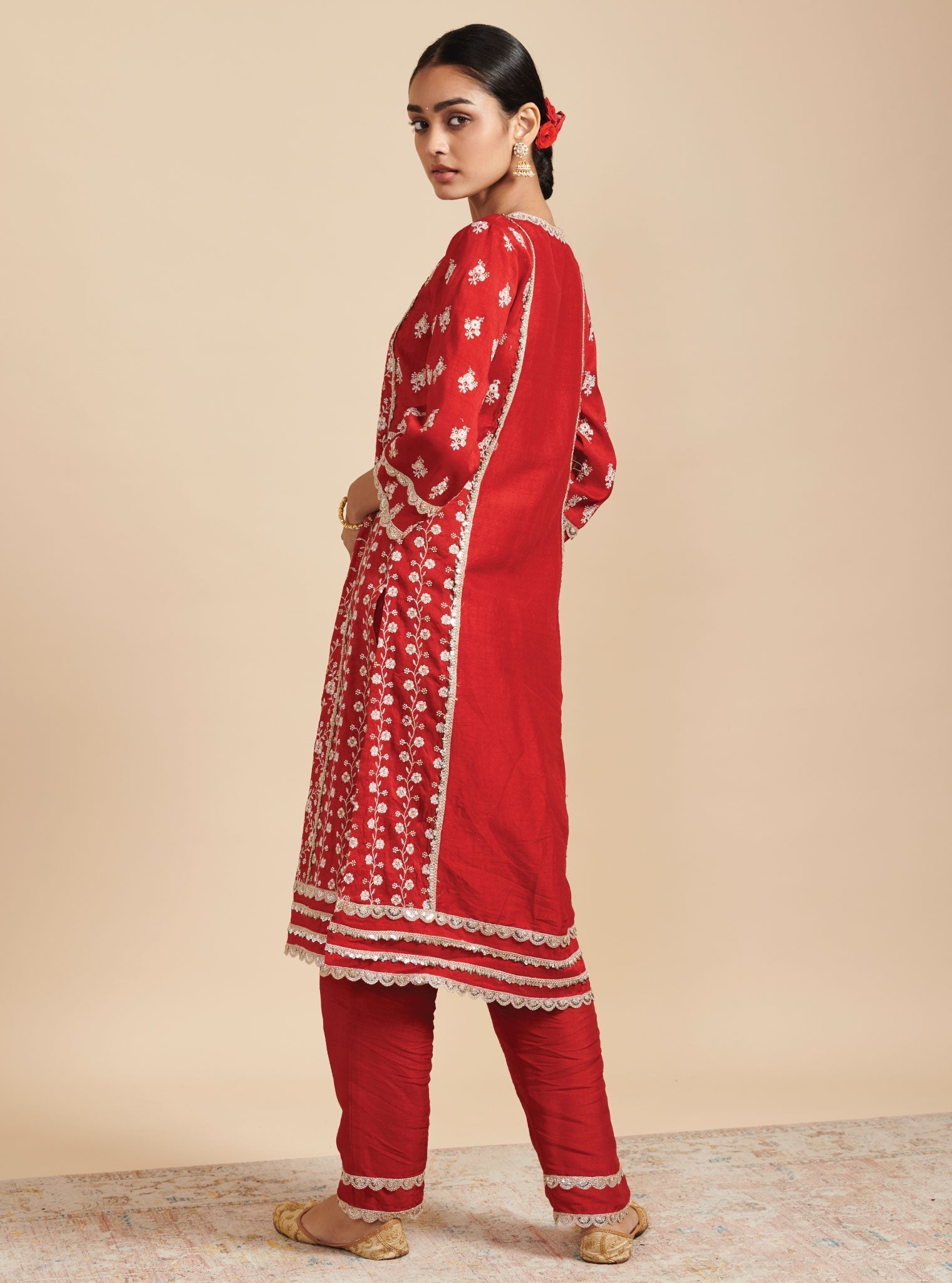 Mulmul Silk Kaashni Red Kurta With Mulmul Silk Kaashni Red Pant