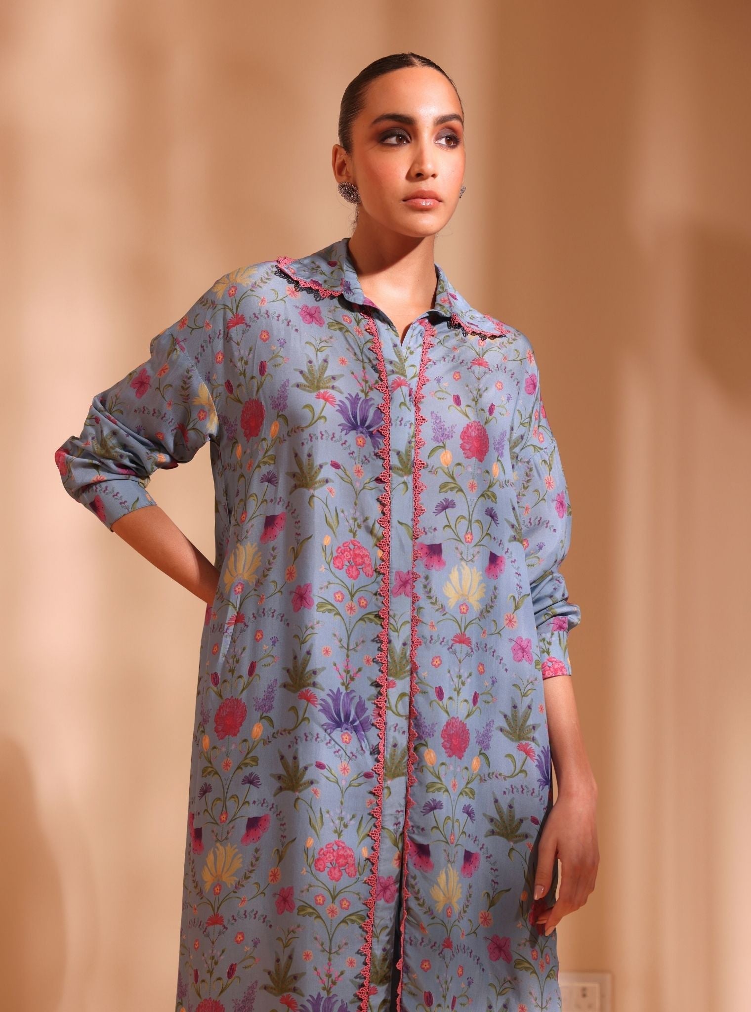 Mulmul Lawn Printed Sene Denim Kurta With Mulmul Lawn Printed Sene Denim Pant