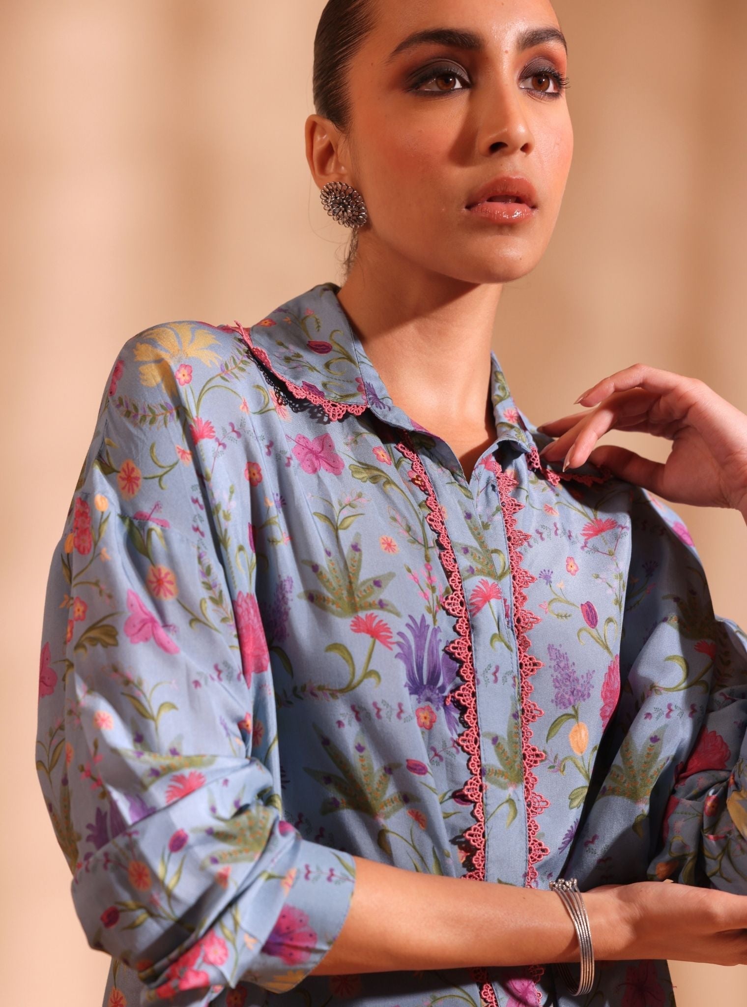 Mulmul Lawn Printed Sene Denim Kurta With Mulmul Lawn Printed Sene Denim Pant