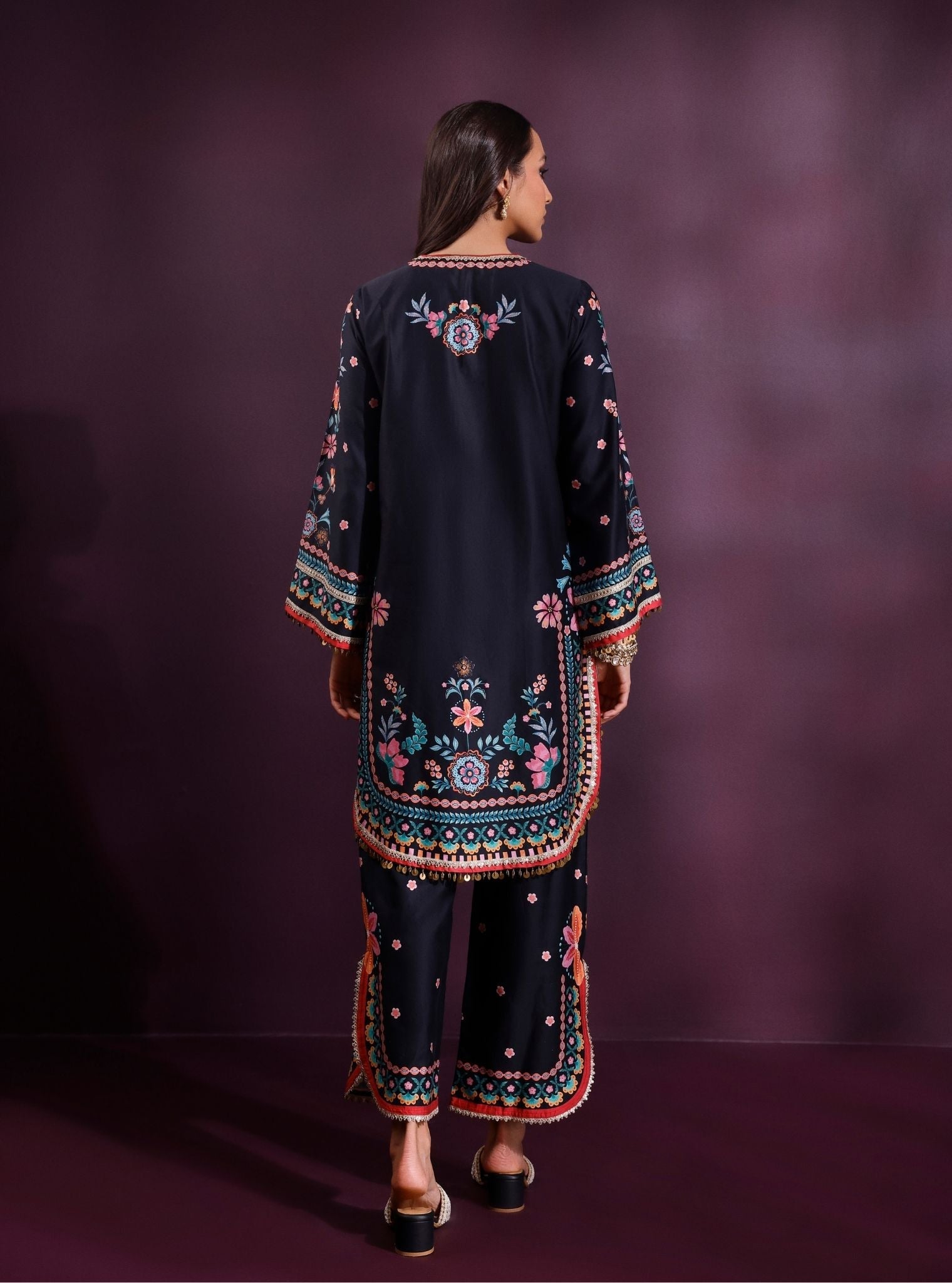 Omira Pima Satin Printed Black Kurta Set