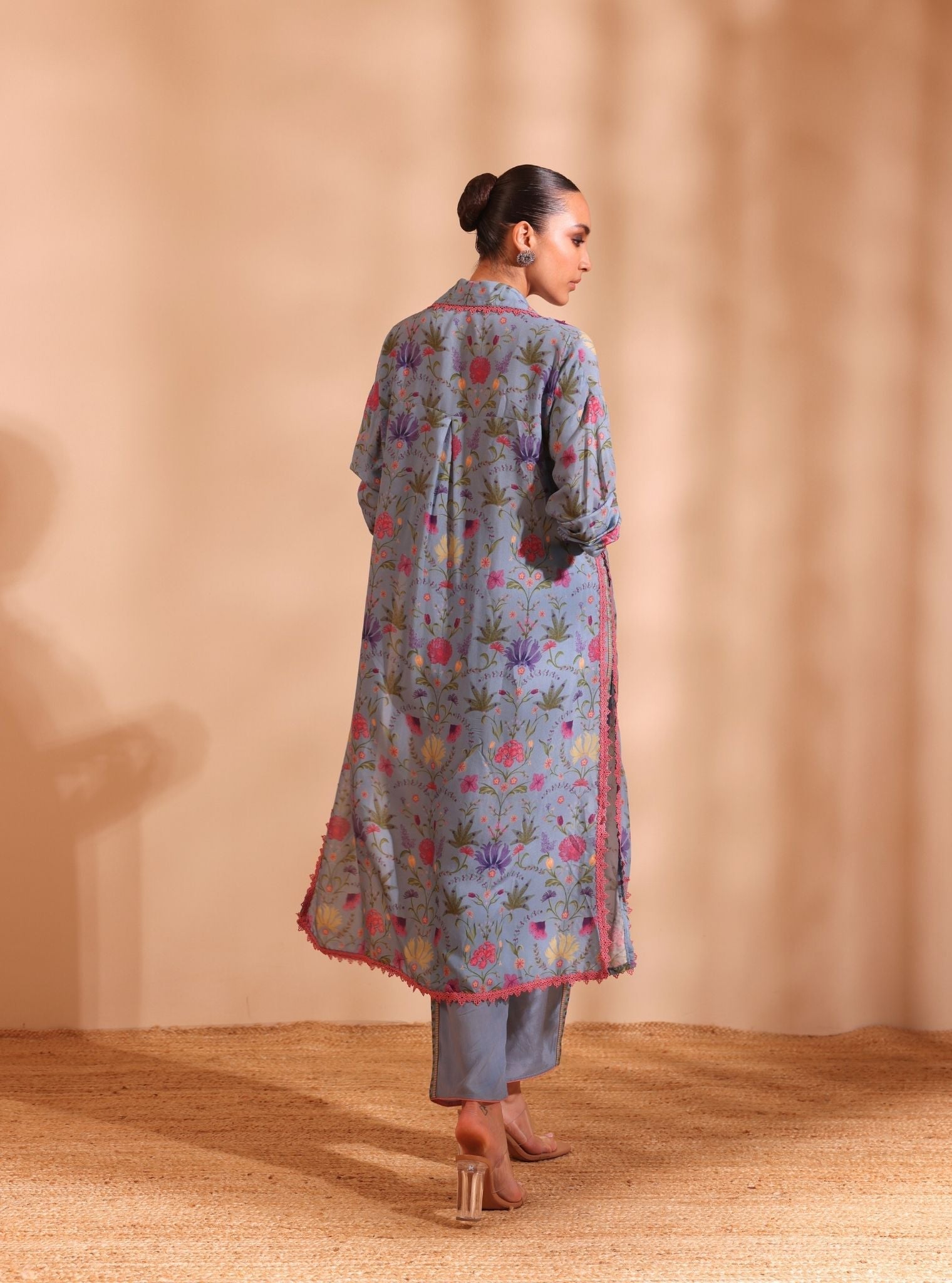 Mulmul Lawn Printed Sene Denim Kurta With Mulmul Lawn Printed Sene Denim Pant