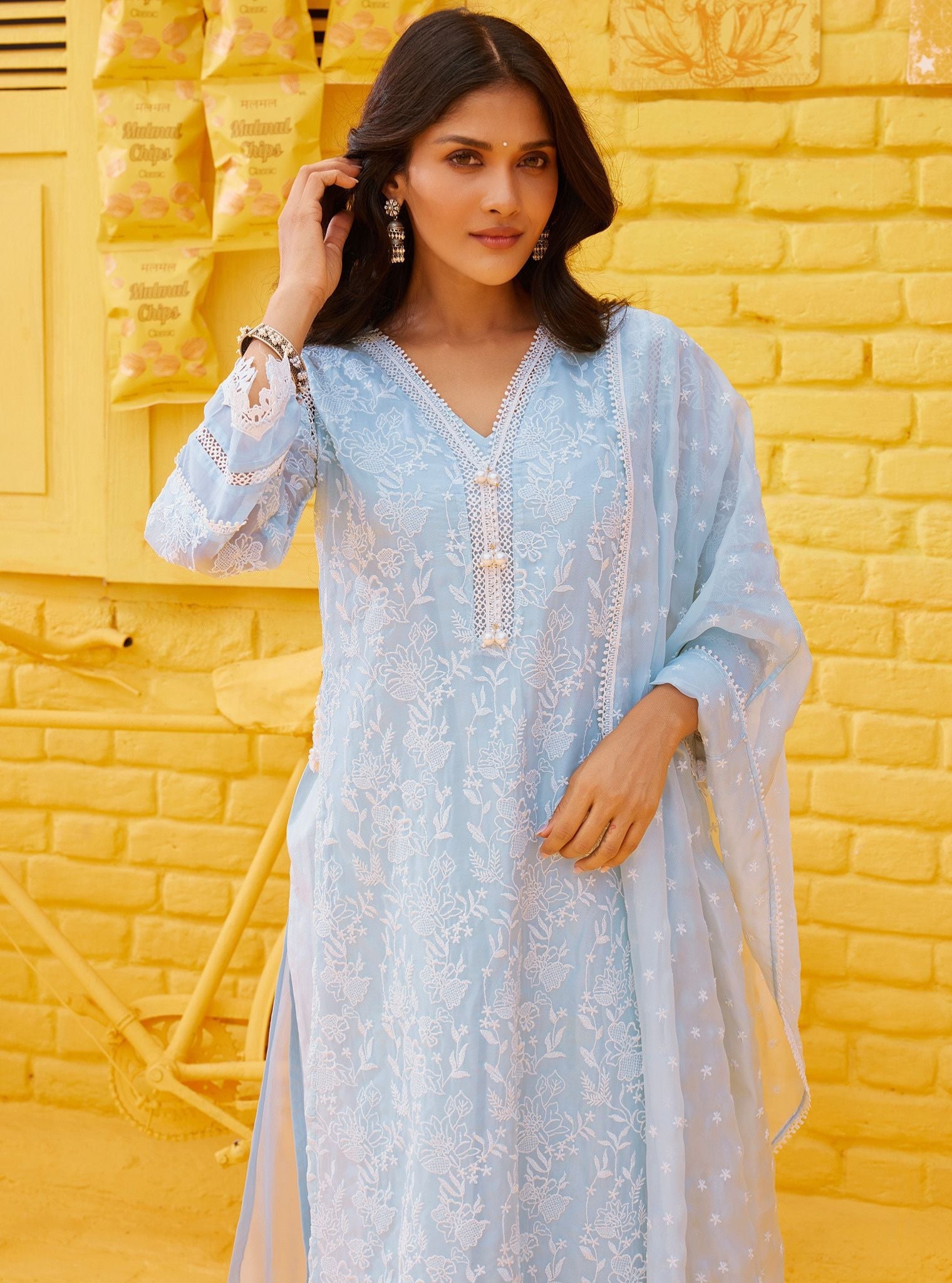 Mulmul Organza Cahya Light Blue Kurta With Mulmul Cotton Cahya Light Blue Pant