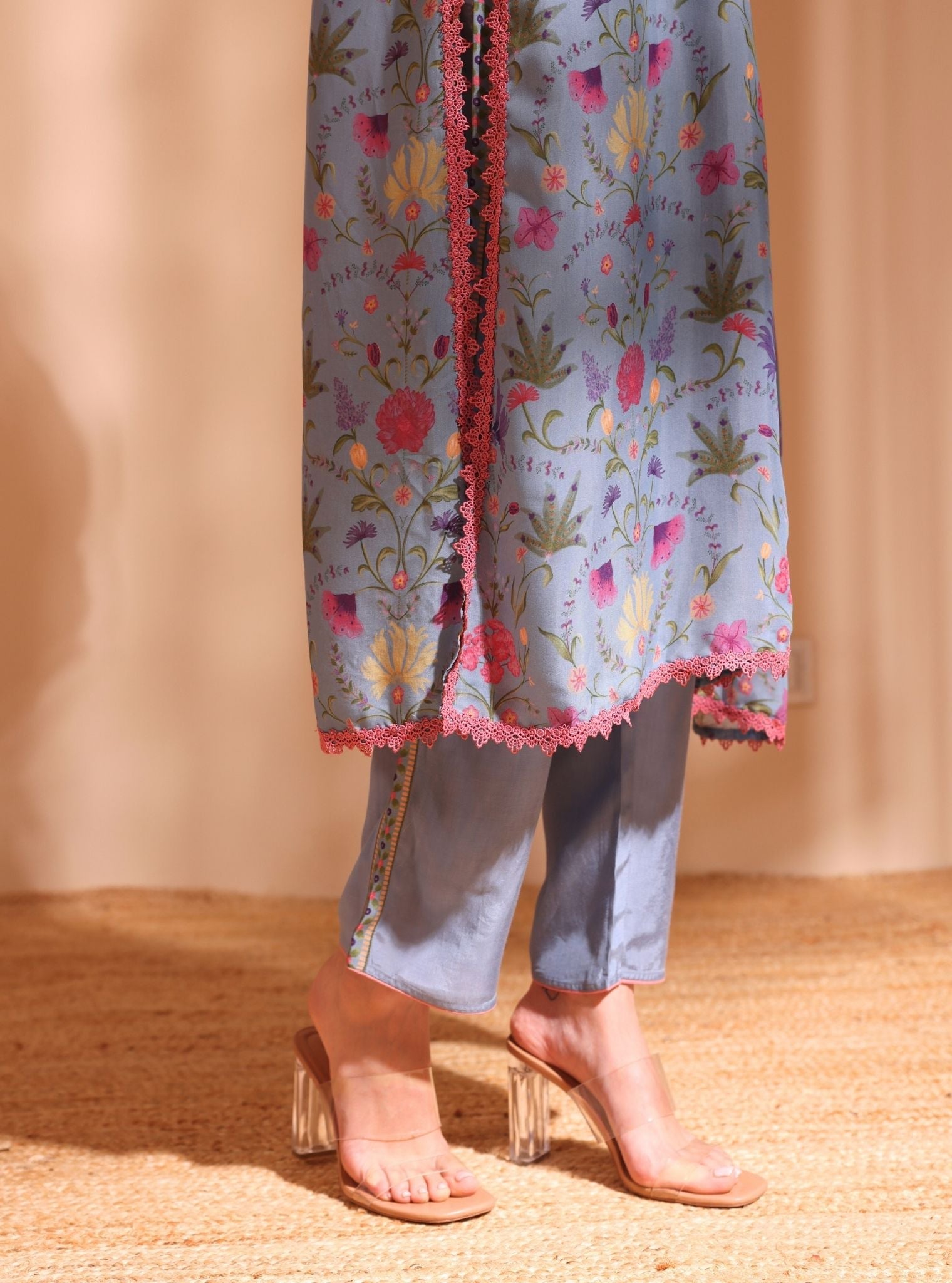 Mulmul Lawn Printed Sene Denim Kurta With Mulmul Lawn Printed Sene Denim Pant
