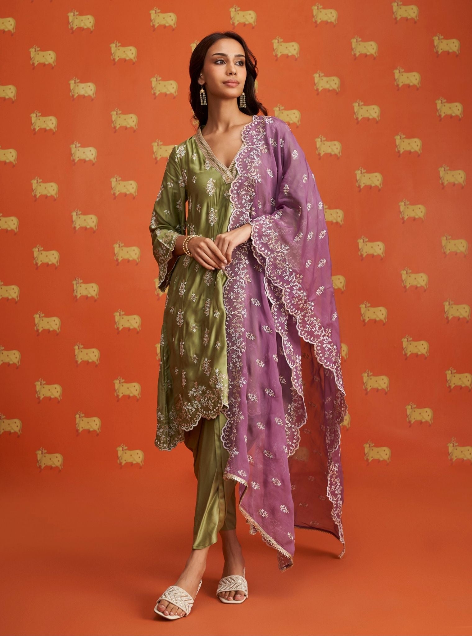 Mulmul Cupro Satin Callaia Moss Green kurta With Mulmul Cupro Satin Callaia Moss Green Salwar