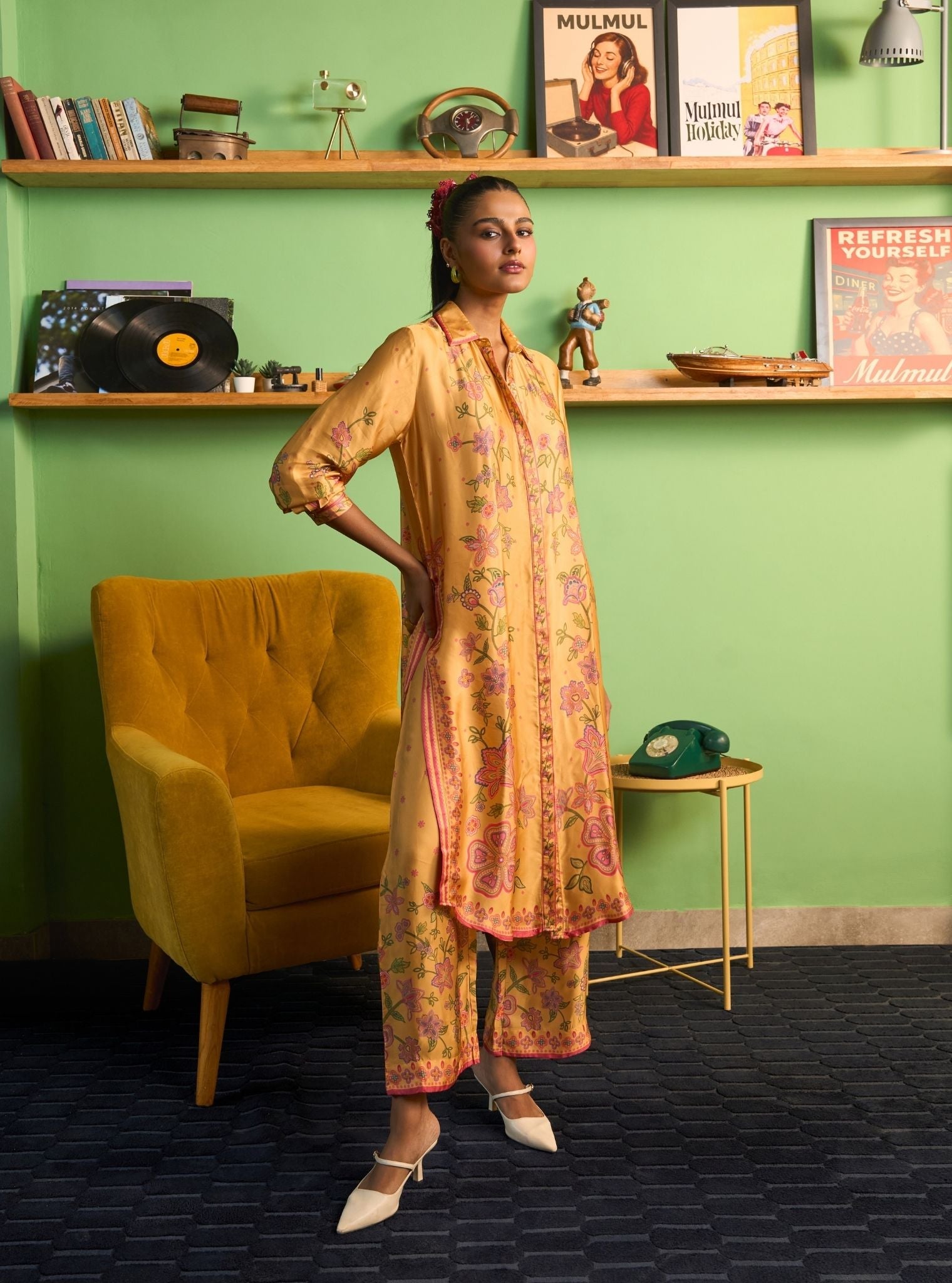 Mrina Cupro Satin Mustard Long Shirt Co-ord Set