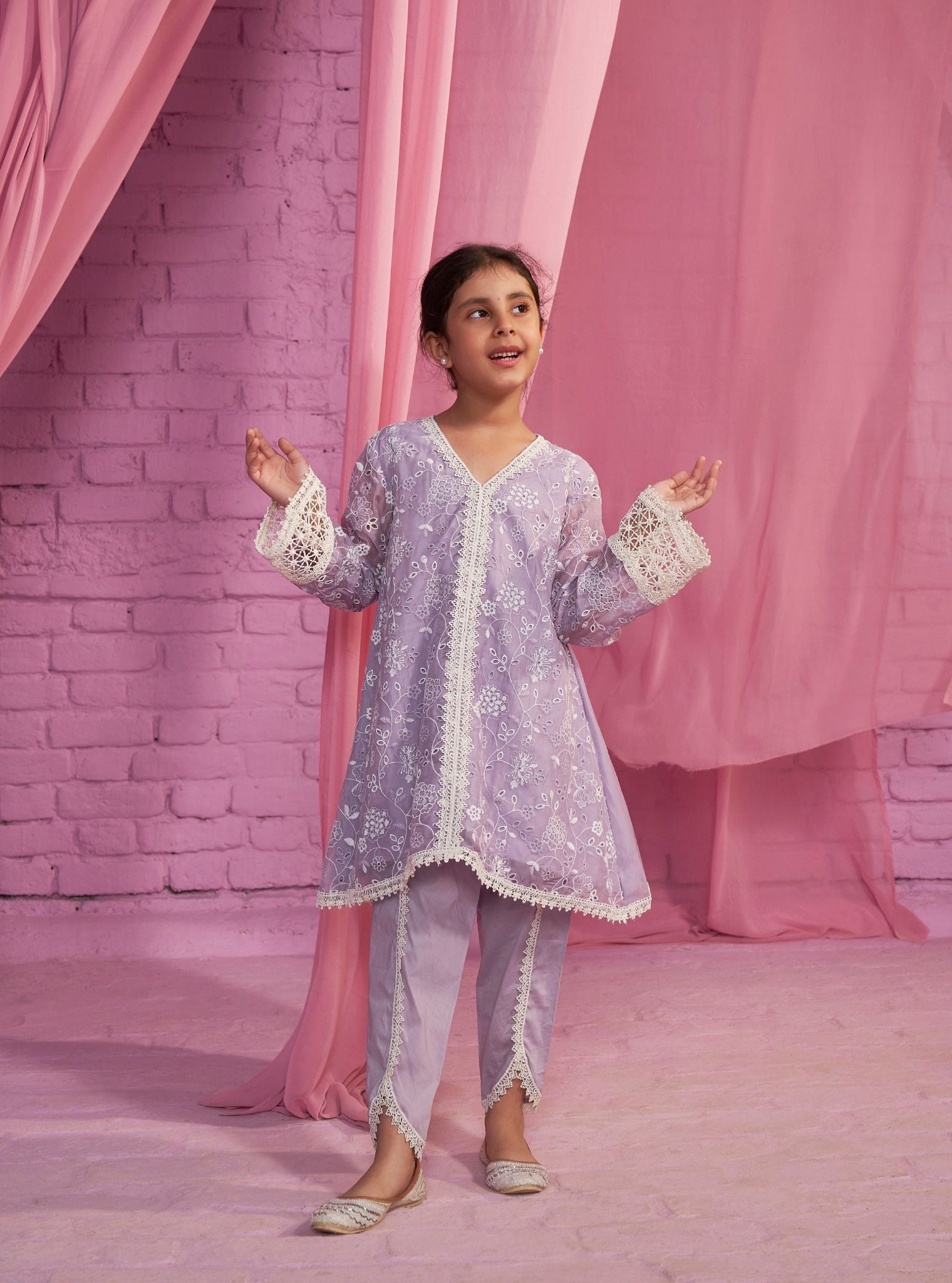 Mulmul Organza Safira Lavender Kurta With Mulmul Cotton Safira Lavender Dhoti Pant