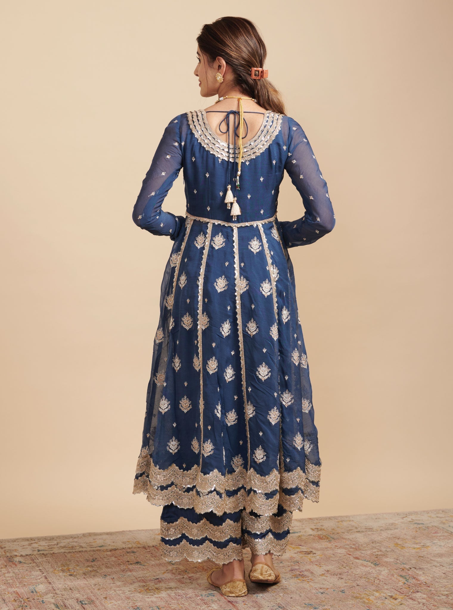 Mulmul Organza Gulabo Navy Anarkali Kurta With Mulmul Cupro Gulabo Navy pant