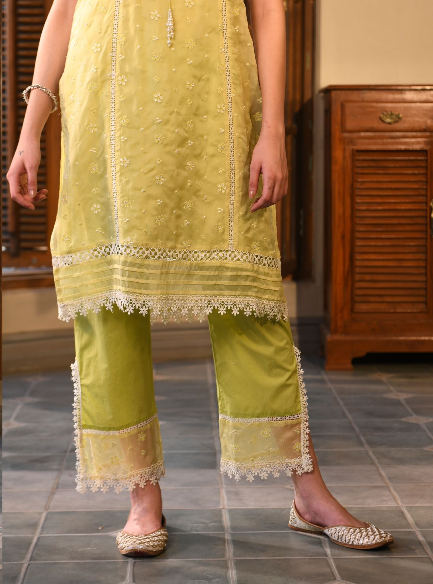 Mulmul Organza Simin Lime Kurta With Mulmul Cotton Simin Lime pant