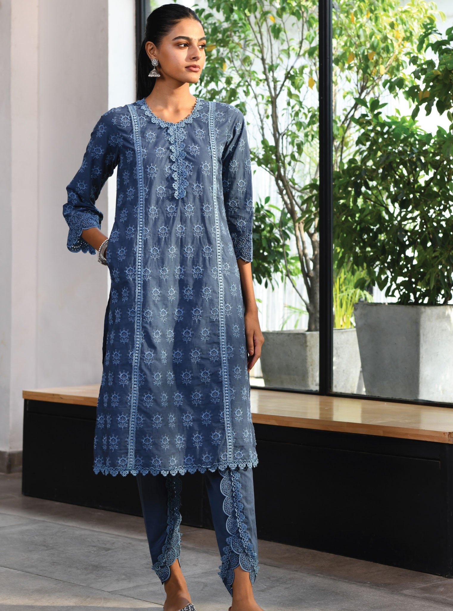 Mulmul Cotton Swansea Navy Kurta With Swansea Navy Dhoti Pant