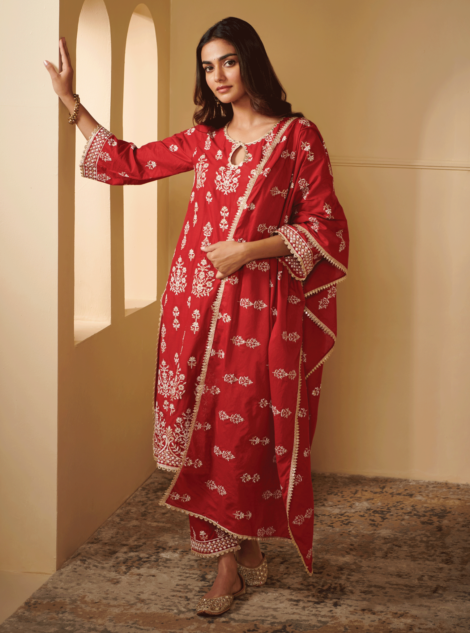 Mulmul Cotton Kasari Red Kurta With Kasari Red Pant