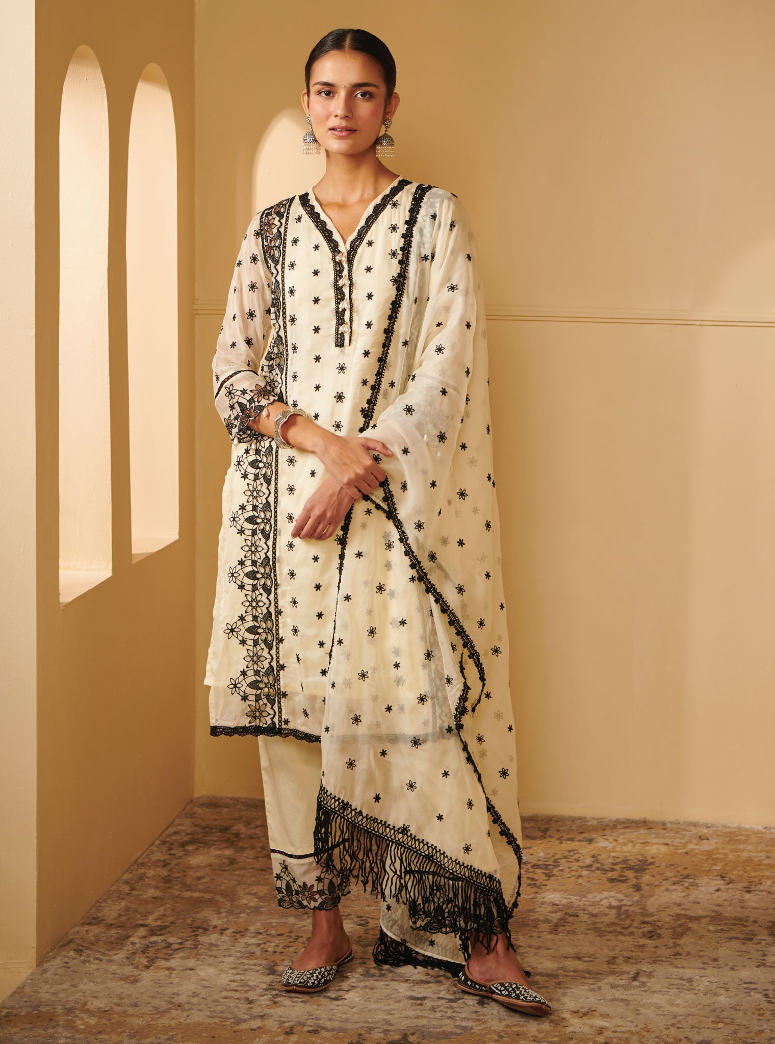 Mulmul Organza Valya Off White Kurta With Mulmul Pima Satin Valya Off White Pant