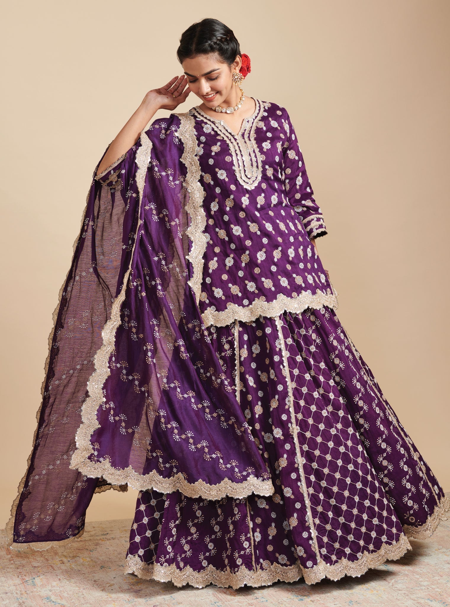 Mulmul Silk Surkh Purple Kurta With Mulmul Silk Surkh Purple Lehenga