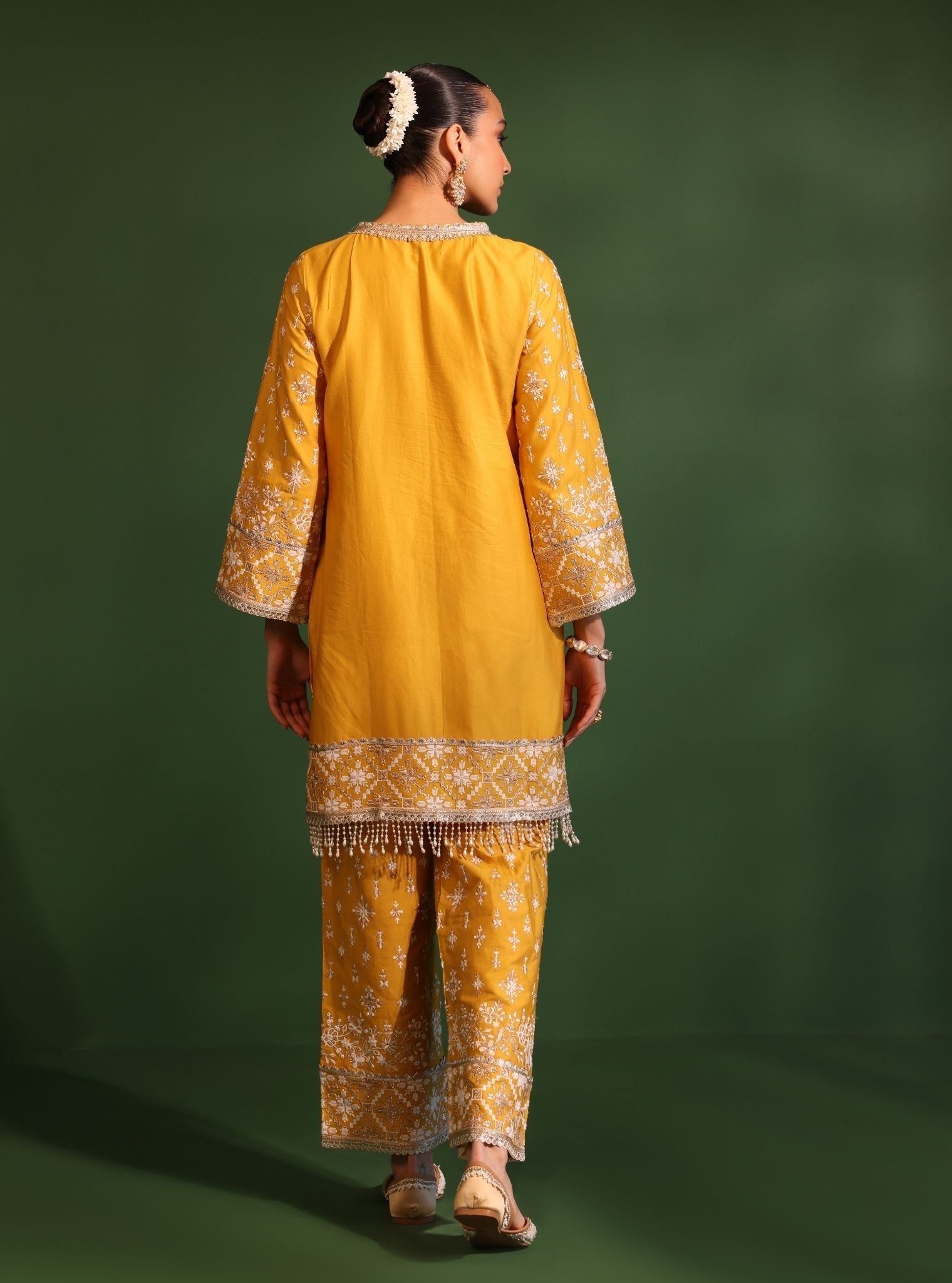 Mulmul Pima Satin Kalander Yellow Kurta With Mulmul Pima Satin Kalander Yellow Pant