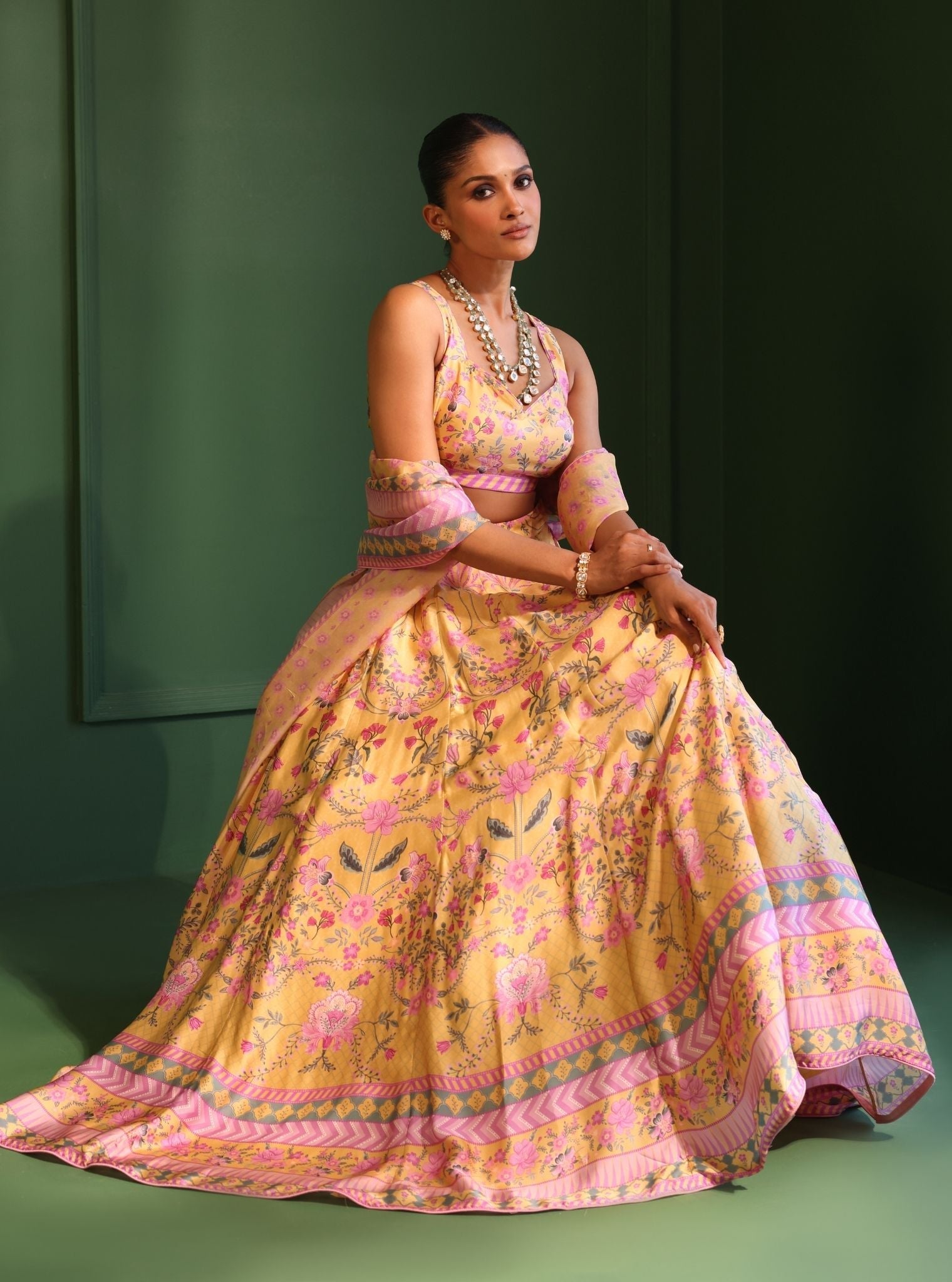 Mulmul Cupro Satin Printed Jhanak Yellow Lehenga