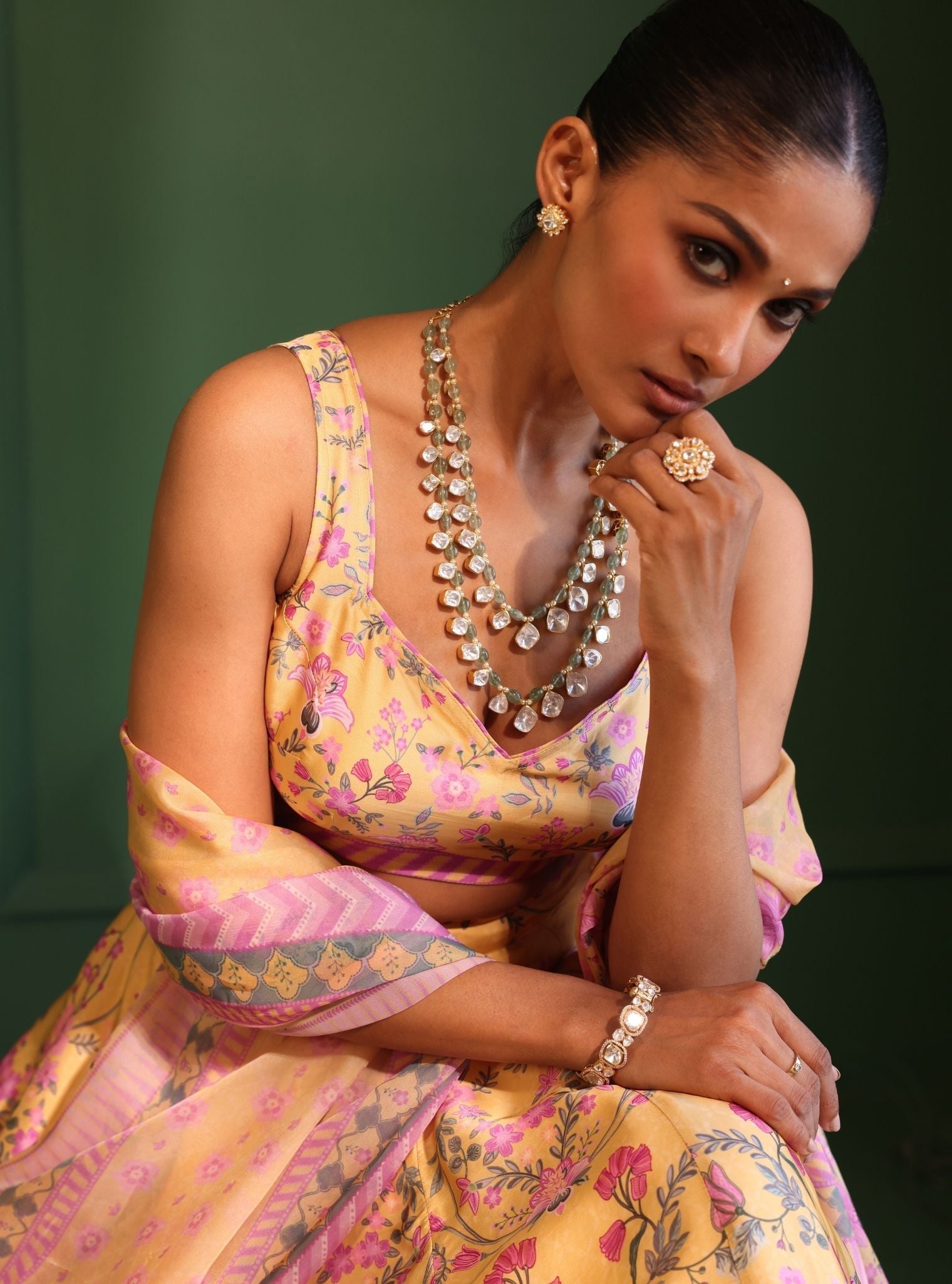 Mulmul Cupro Satin Printed Jhanak Yellow Lehenga