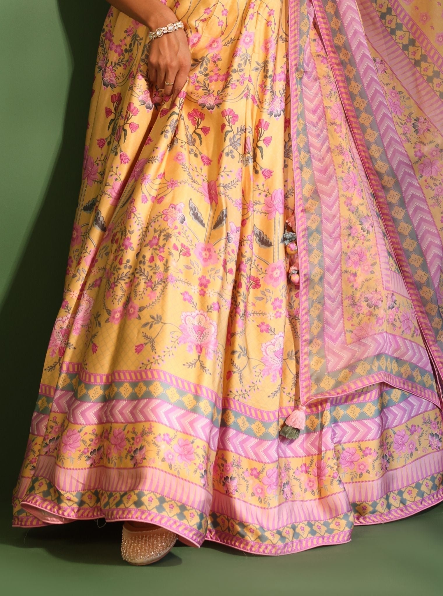 Mulmul Cupro Satin Printed Jhanak Yellow Lehenga