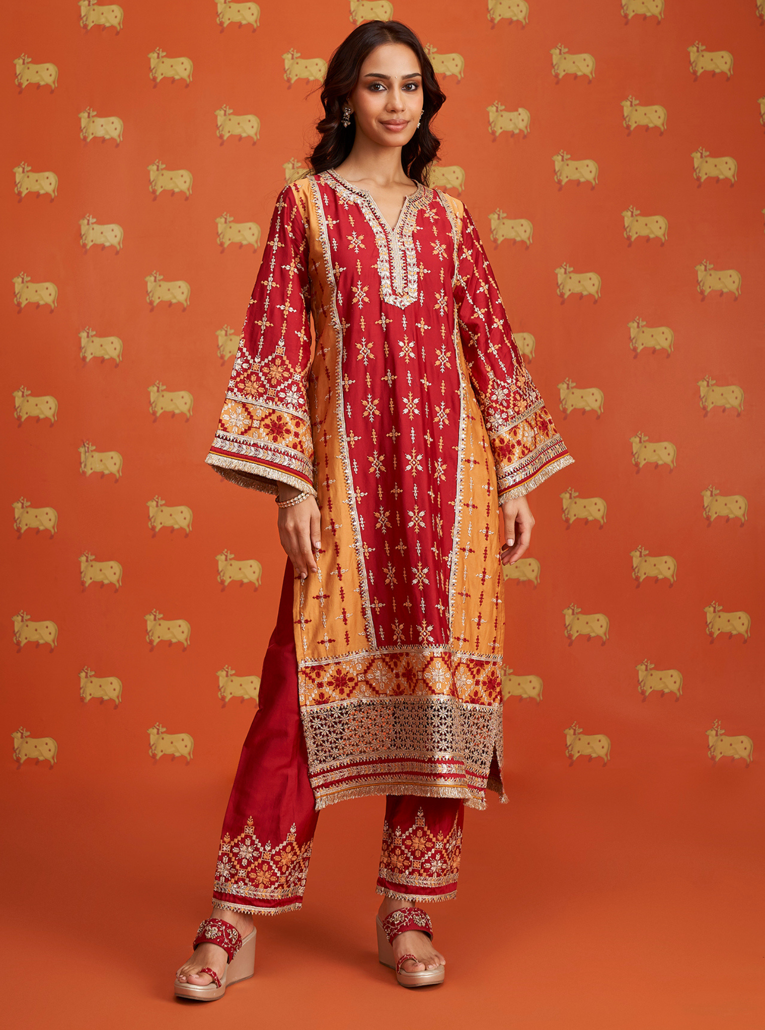 Mulmul Pima Satin Anya Red Kurta With Mulmul Pima Satin Anya Red Pant