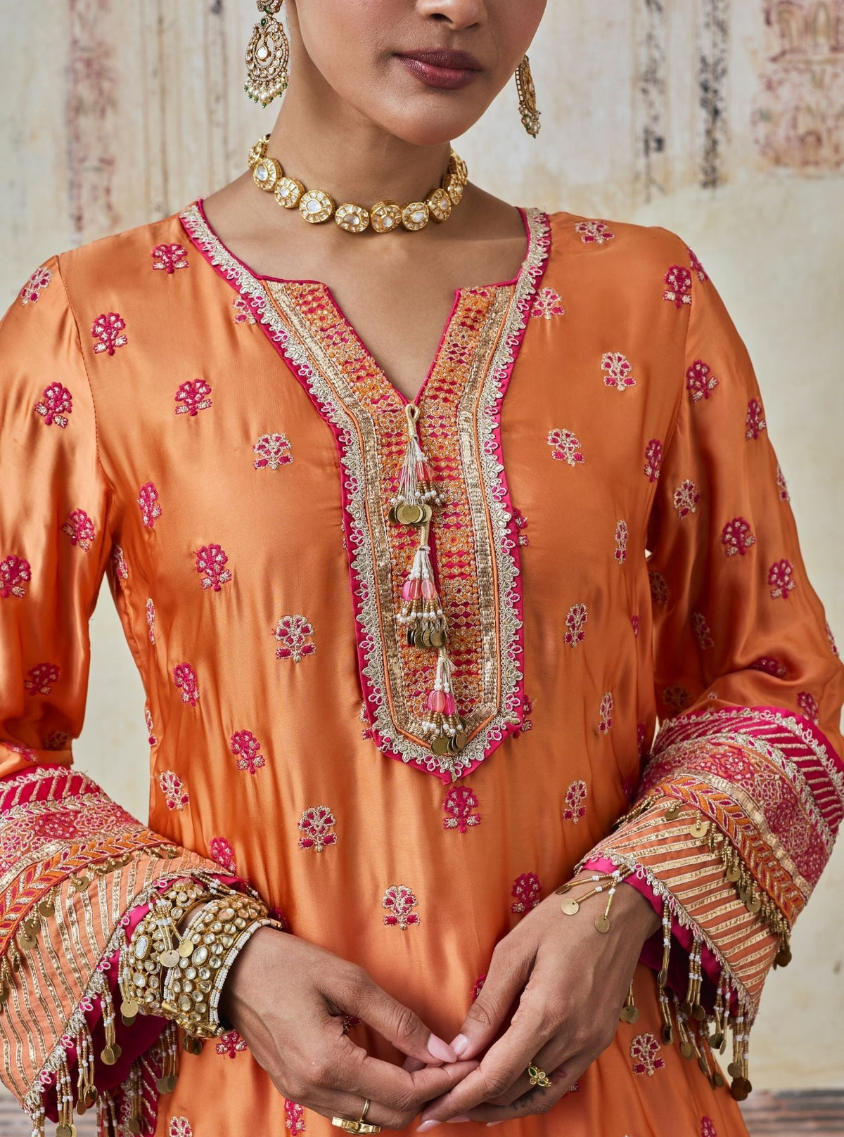 Surkhi Cupro Satin Orange Kurta with Garara