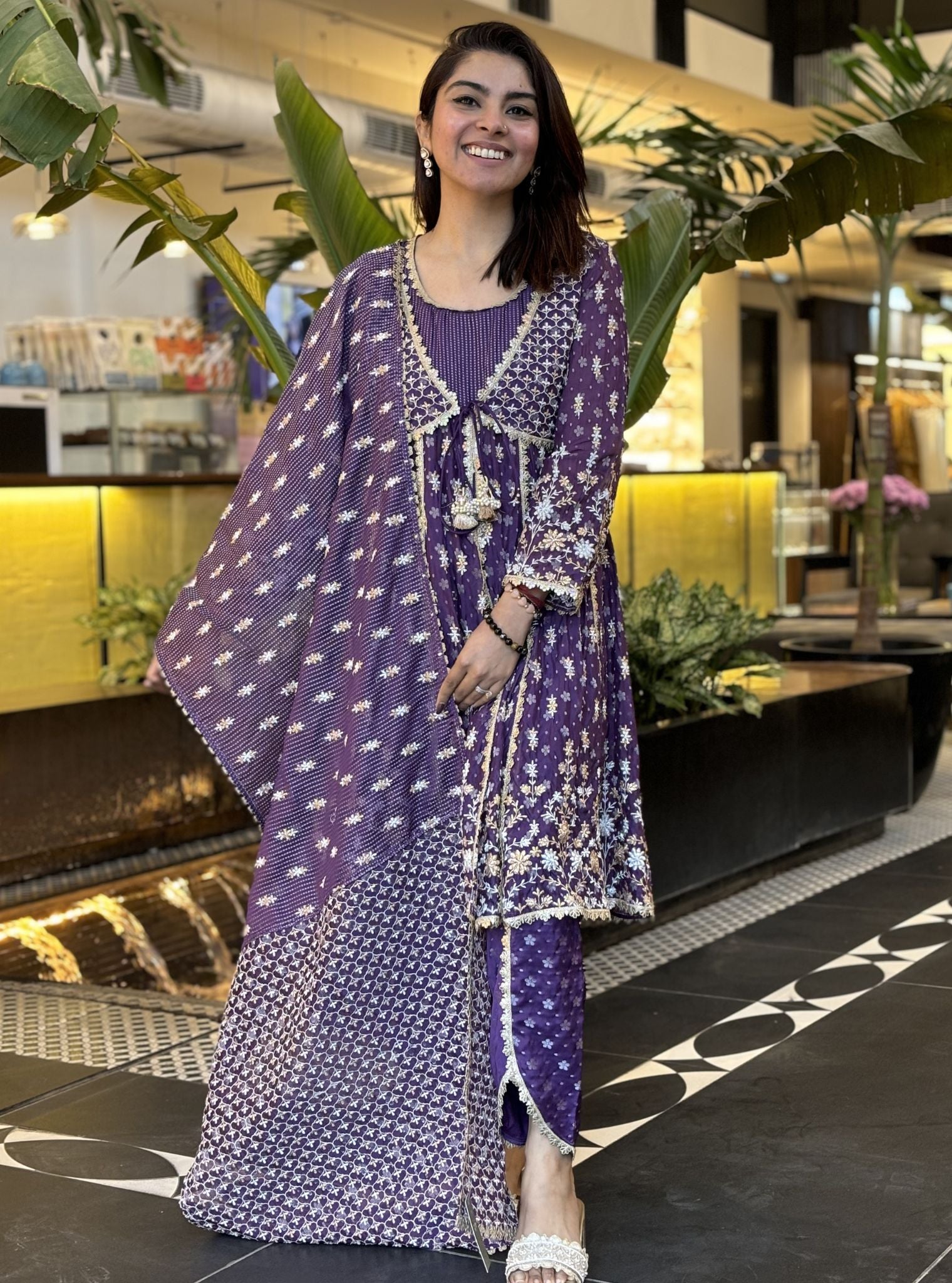 Mulmul Banarsi Nyah Purple Short Anarkali Kurta With Mulmul Banarsi Nyah Purple Dhoti Pant