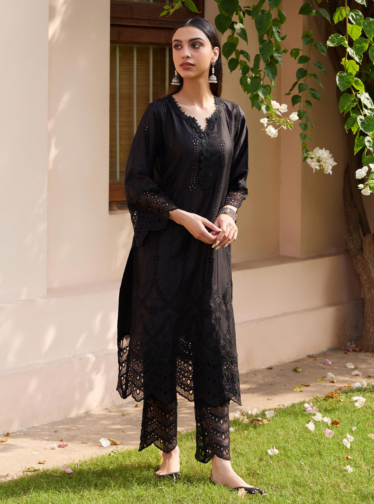 Mulmul Pima Vachi Black Kurta with Mulmul Pima Vachi Black Pant