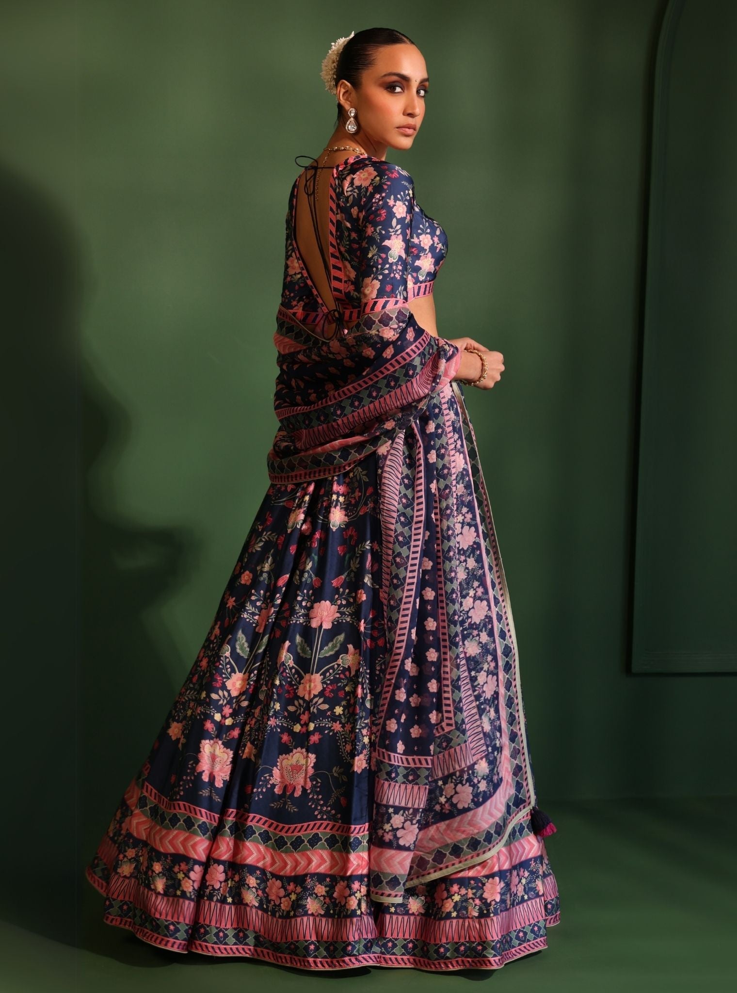 Mulmul Cupro Satin Jhanak Navy Lehenga with Mulmul Organza Printed Jhanak Navy Dupatta