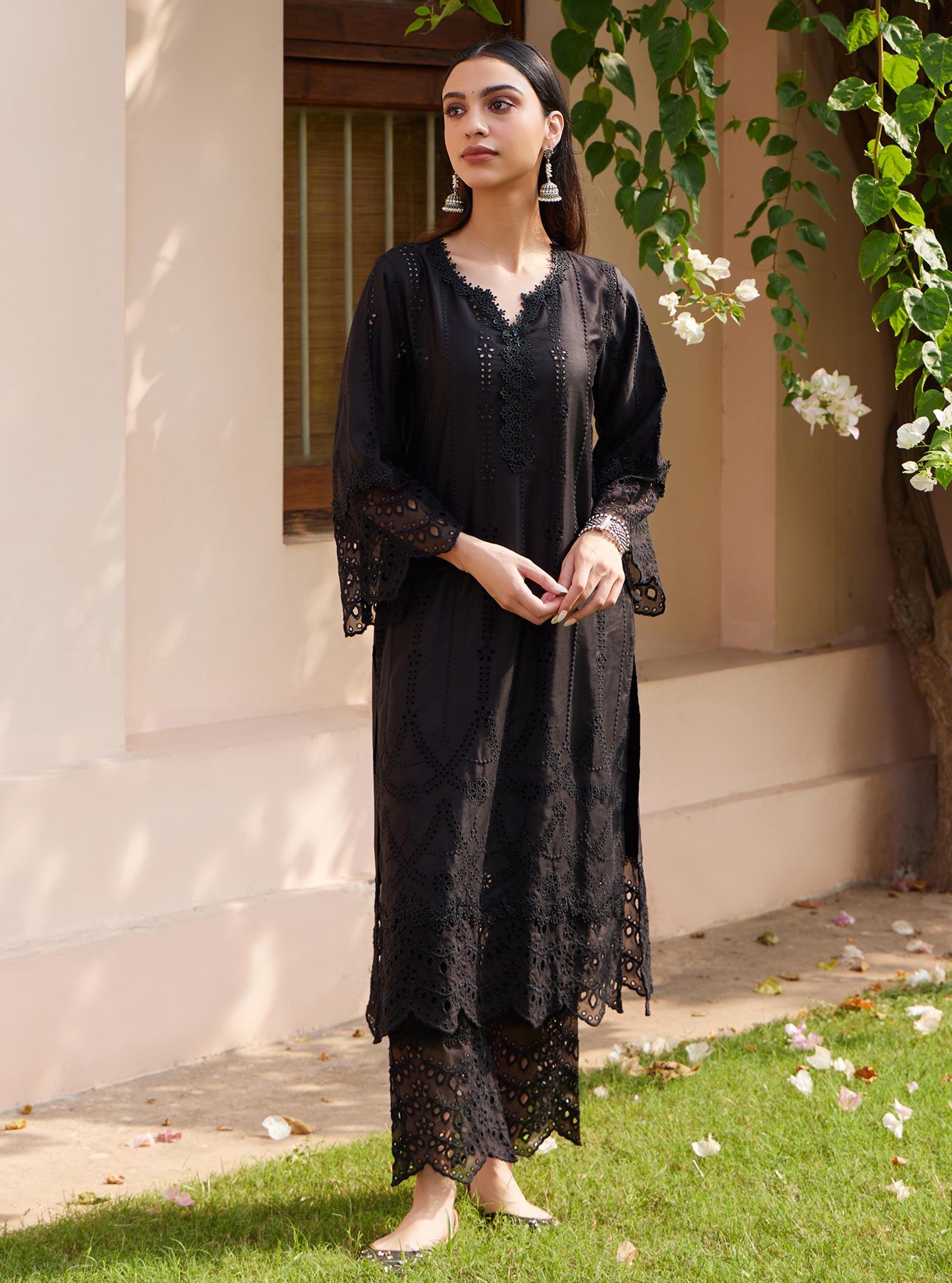 Mulmul Pima Vachi Black Kurta with Mulmul Pima Vachi Black Pant