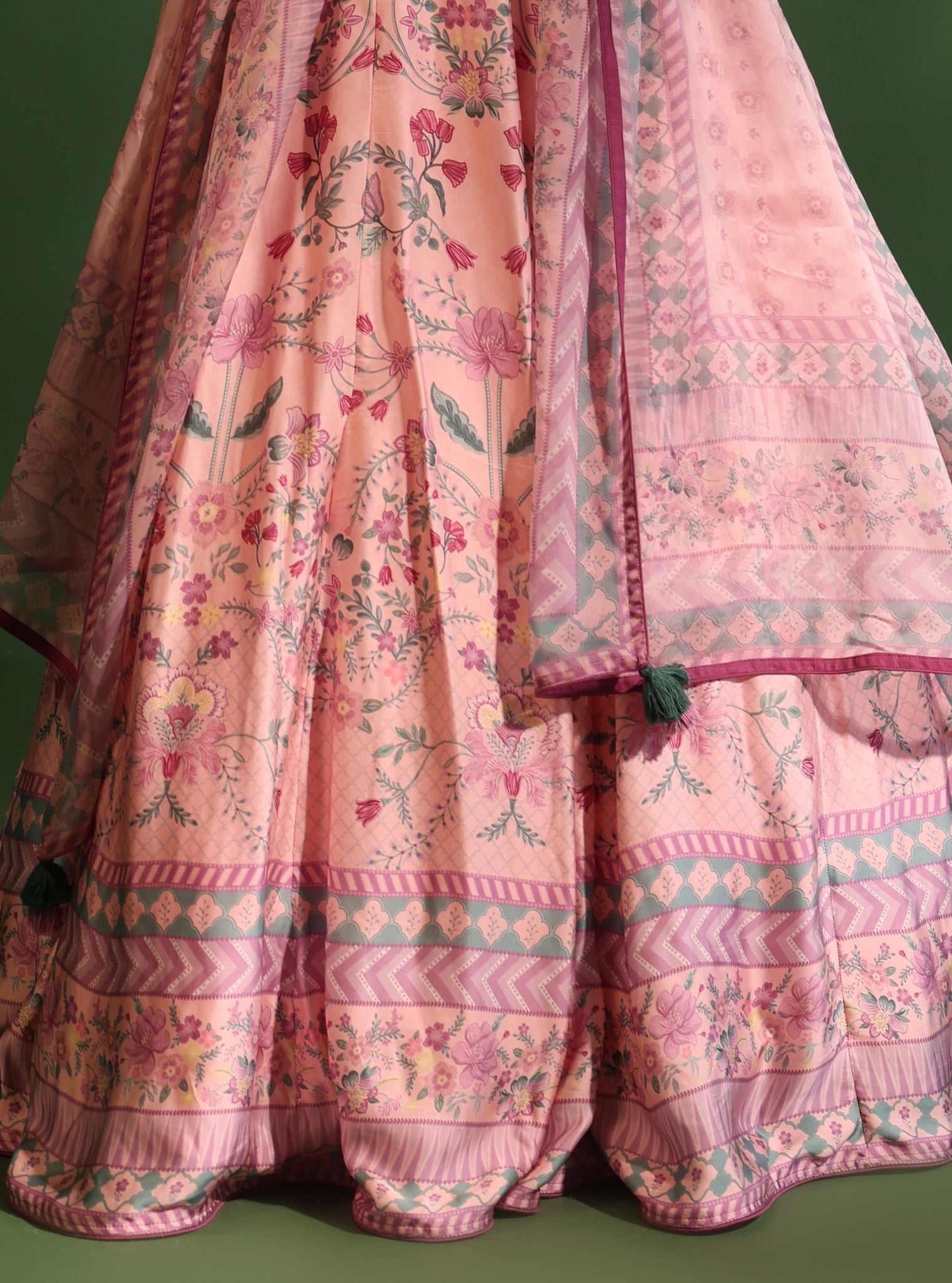 Mulmul Cupro Satin Printed Jhanak Pink Lehenga