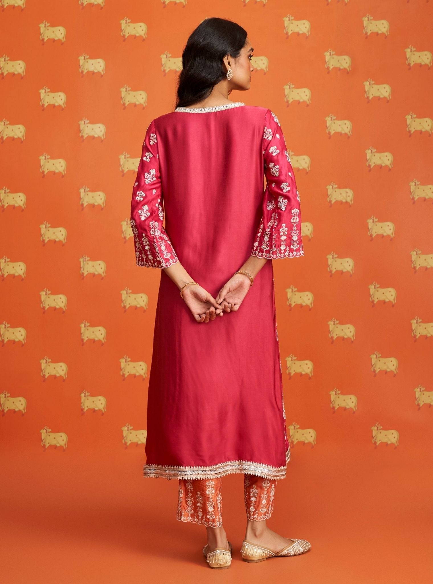 Mulmul Cupro Satin Florentina Fuschia Kurta With Mulmul Cupro Satin Florentina Burnt Orange Pant