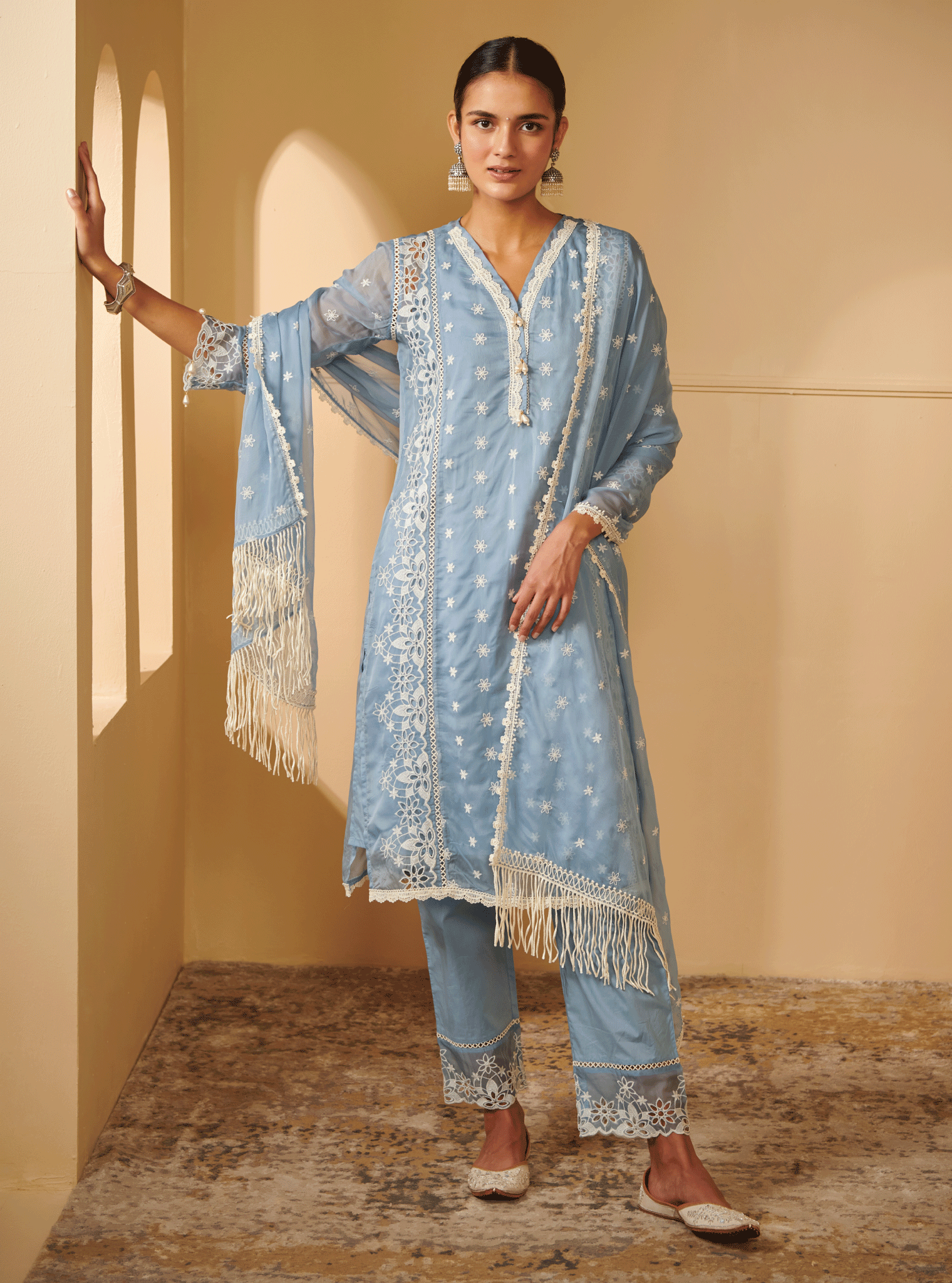 Mulmul Organza Valya Blue Kurta With Mulmul Pima Satin Valya Blue Pant