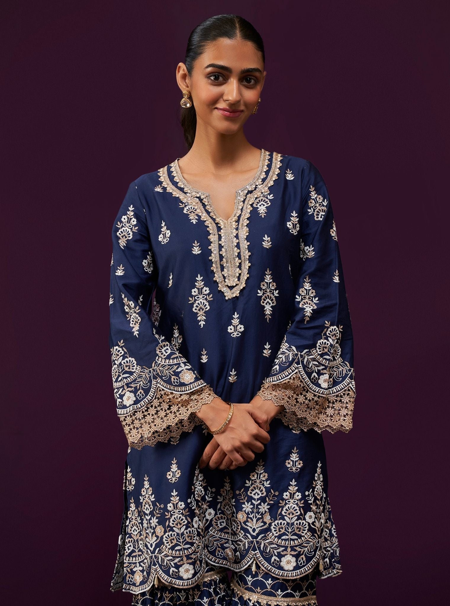 Mulmul Pima Satin Aree Navy Kurta With Mulmul Pima Satin Aree Navy Garara