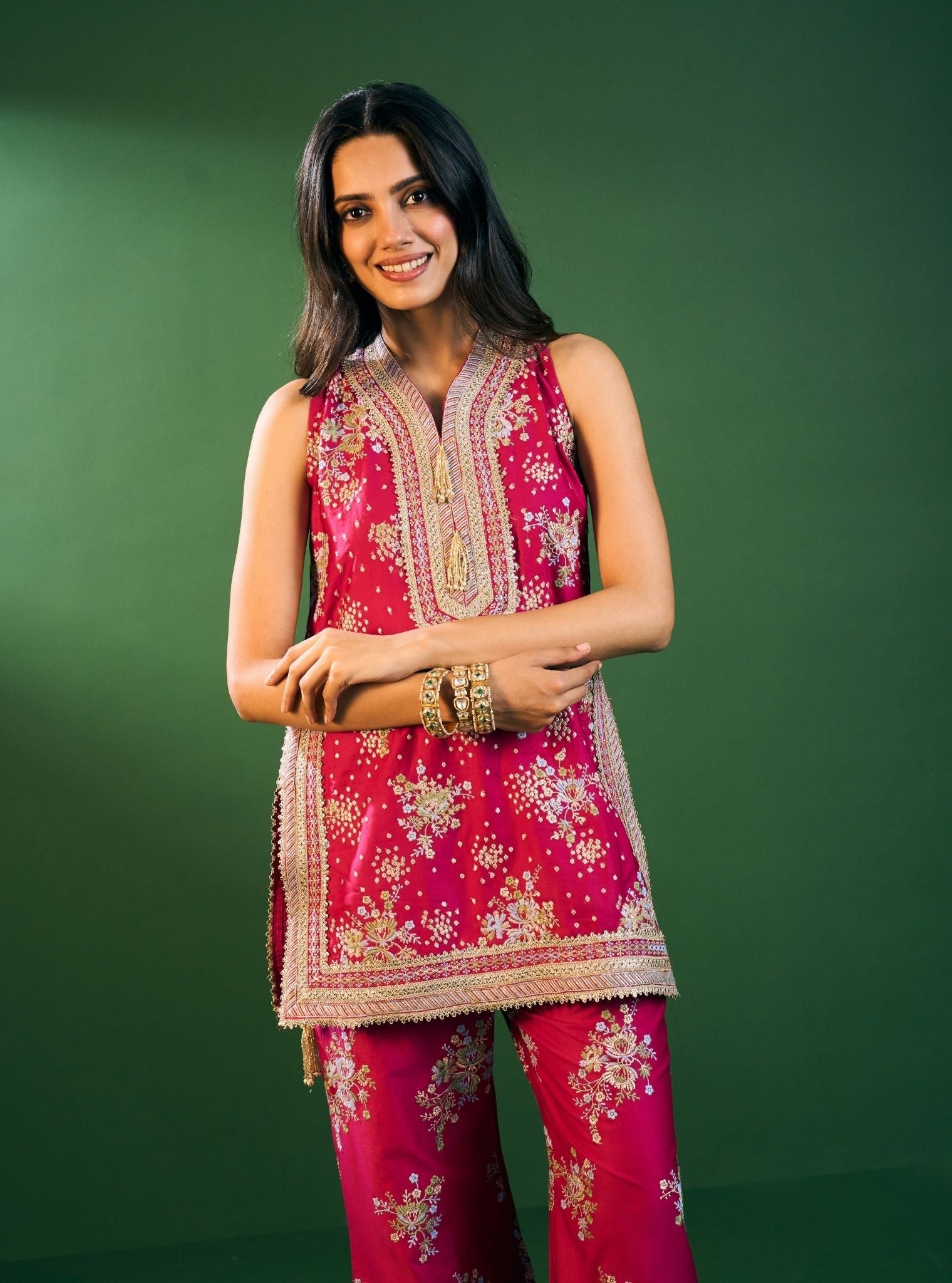 Lami Pima Satin Fuchsia Kurta With Flared Bell-Bottom Pants