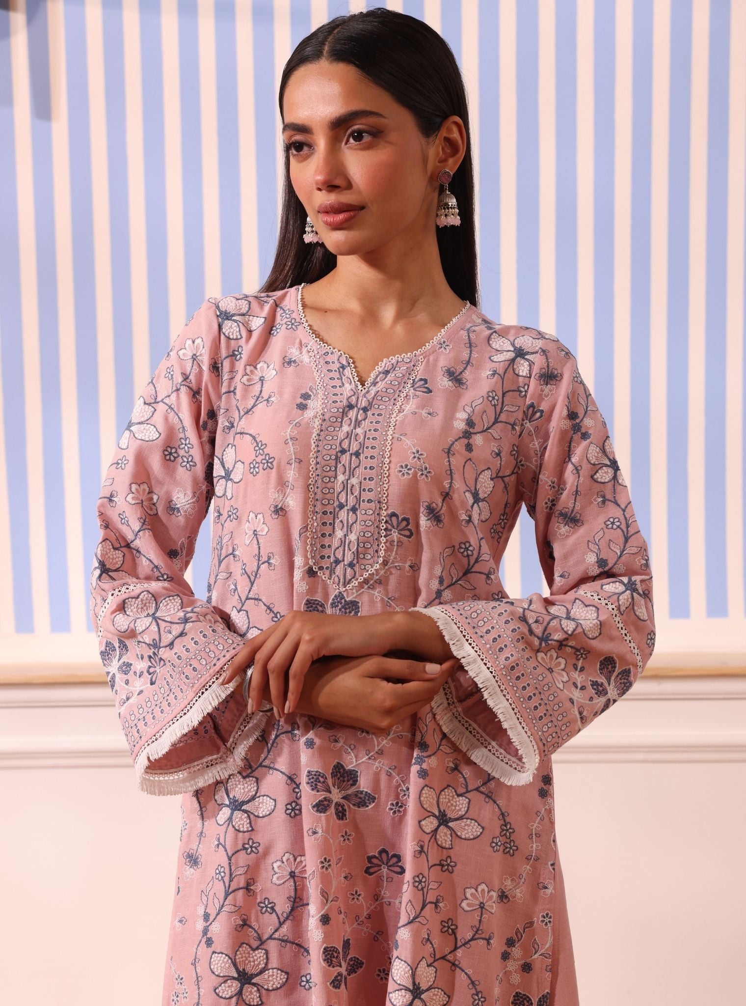 Mulmul Linen Vania Pink Kurta With Mulmul Linen Vania Pink Pant