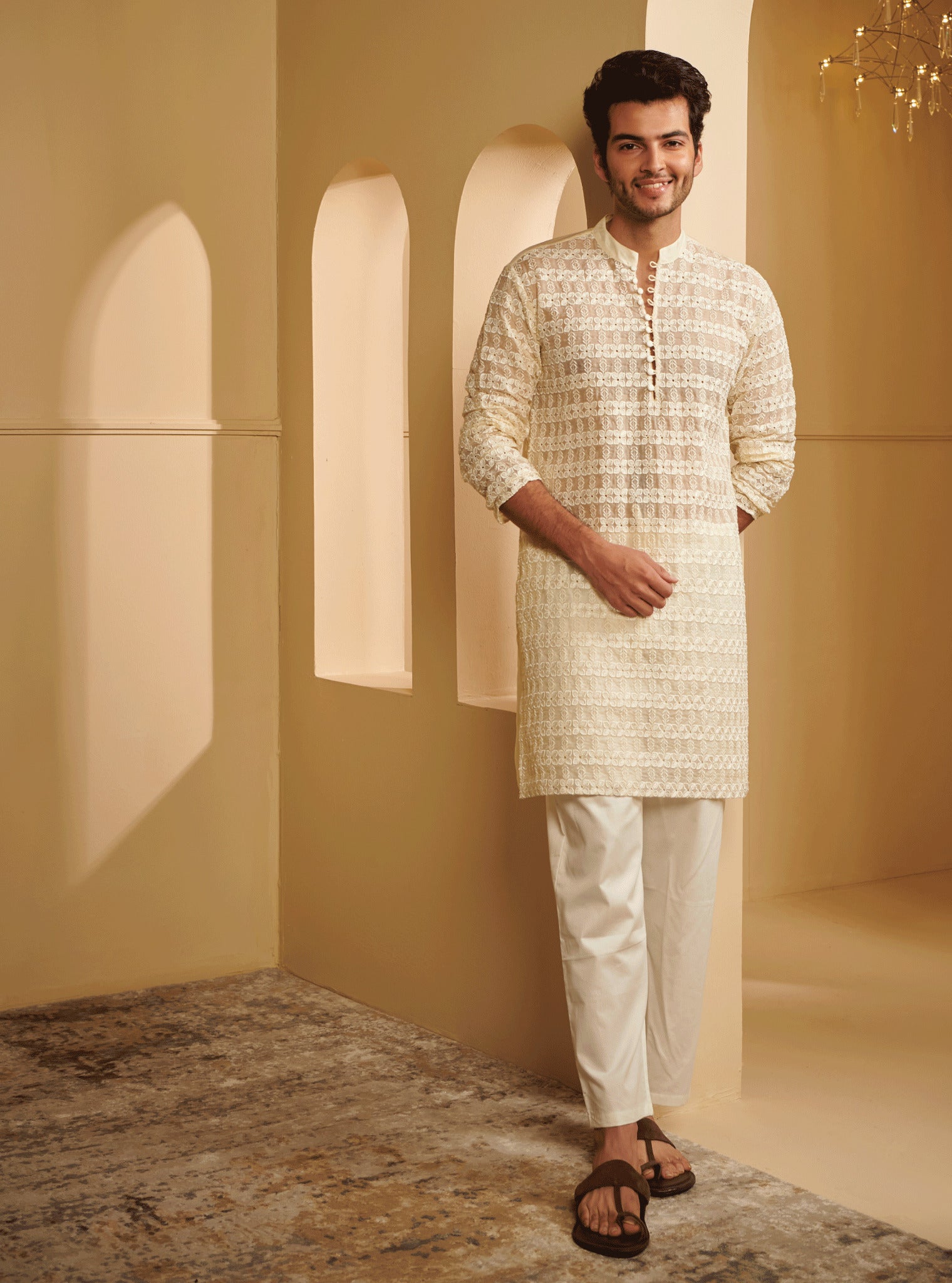 Mulmul Organza Zeke Off White Kurta With Mulmul Cotton Zeke Off White Pyajama