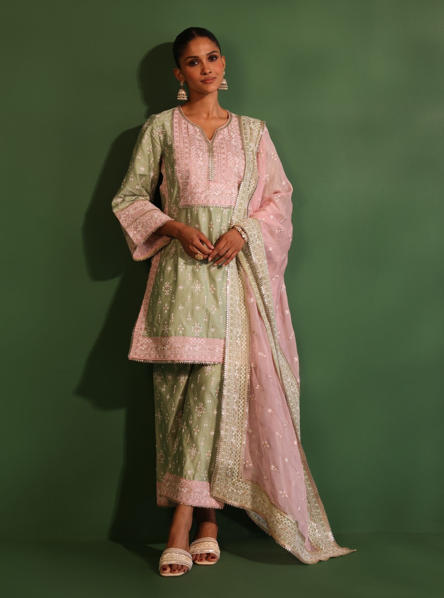 Mulmul Pima Satin Nikhat Green Kurta With Mulmul Pima Satin Nikhat Green Pant