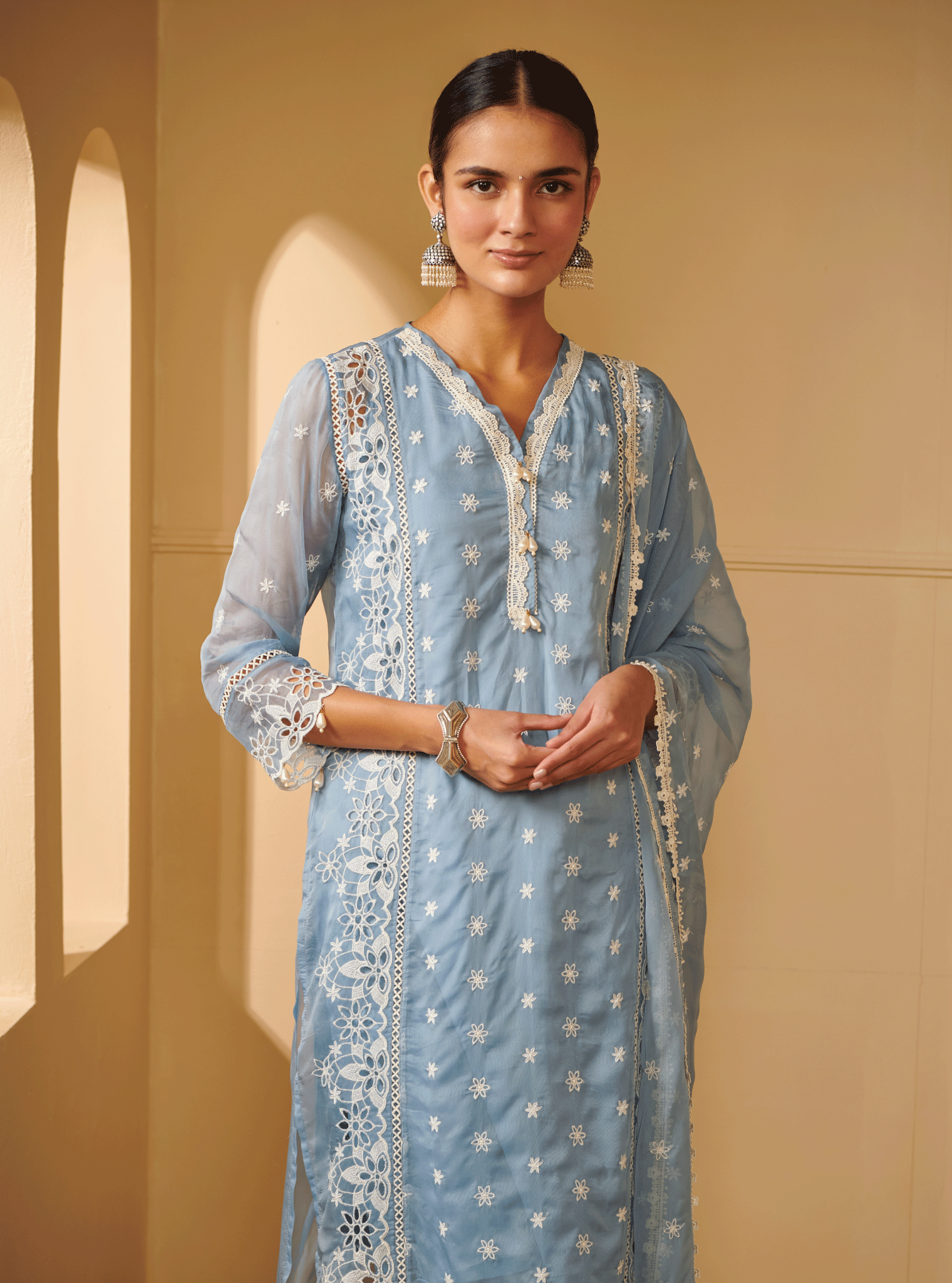 Mulmul Organza Valya Blue Kurta With Mulmul Pima Satin Valya Blue Pant