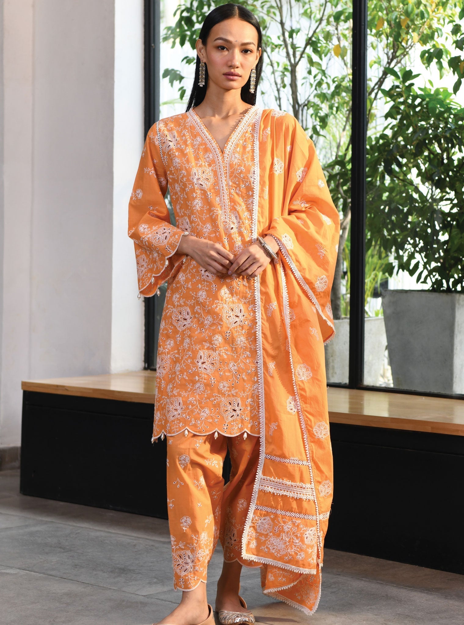 Mulmul Cotton Norwich Orange Kurta With Norwich Orange Salwar Pant