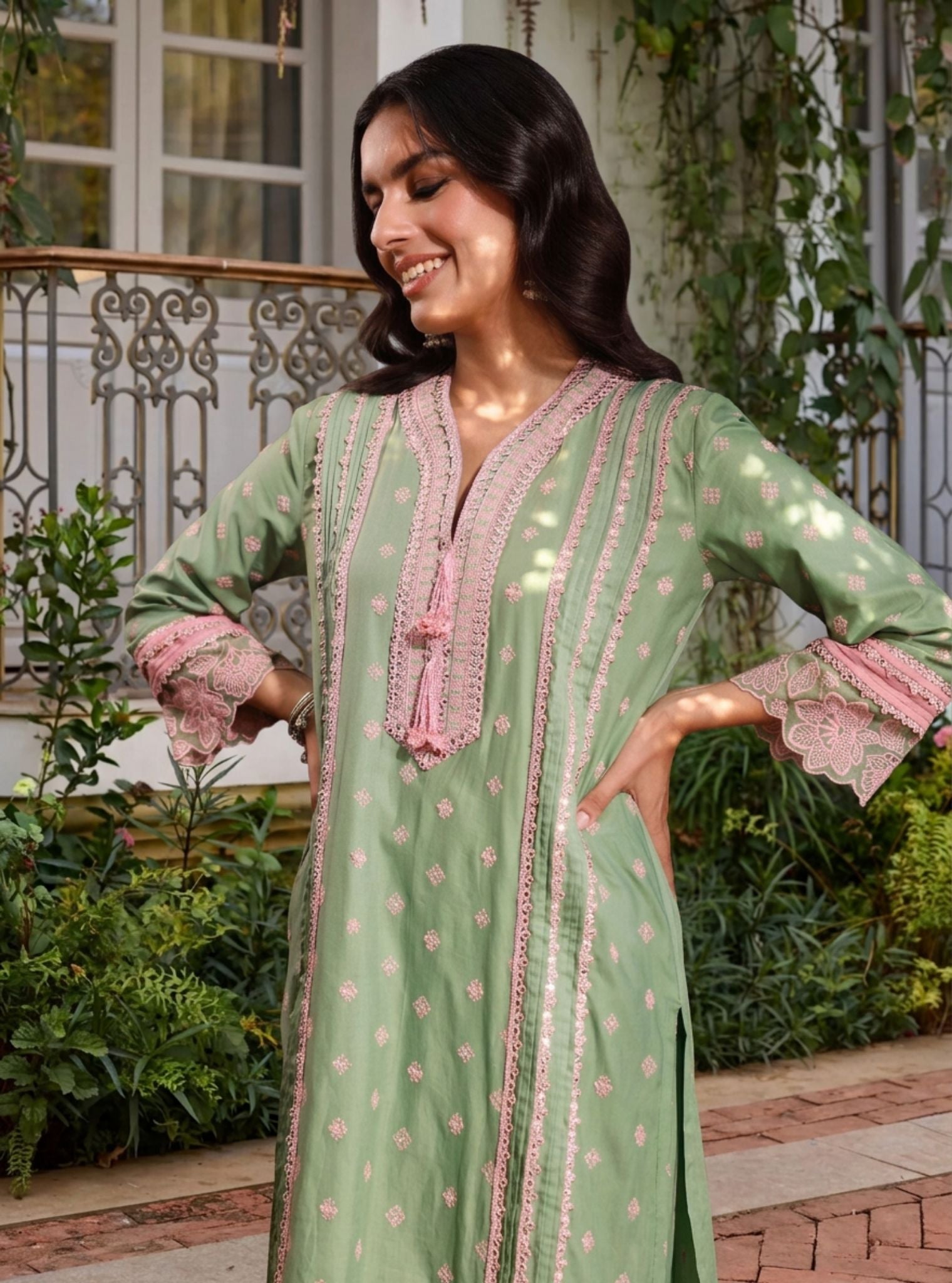 Pira Pima Satin Parrot Green Kurta Set