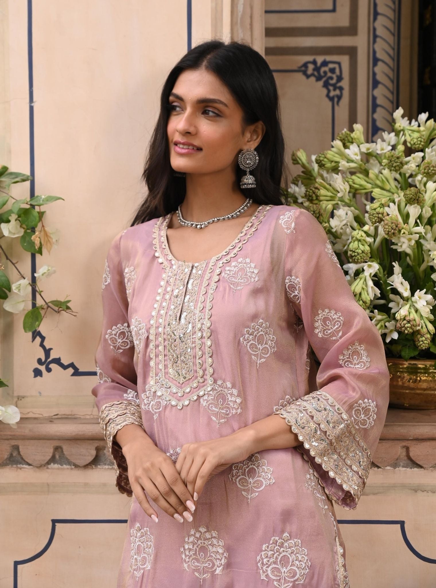 Mulmul Luxe Tissue Kasuri Lilac Kurta with Mulmul Pima Satin Kasuri Lilac Pant