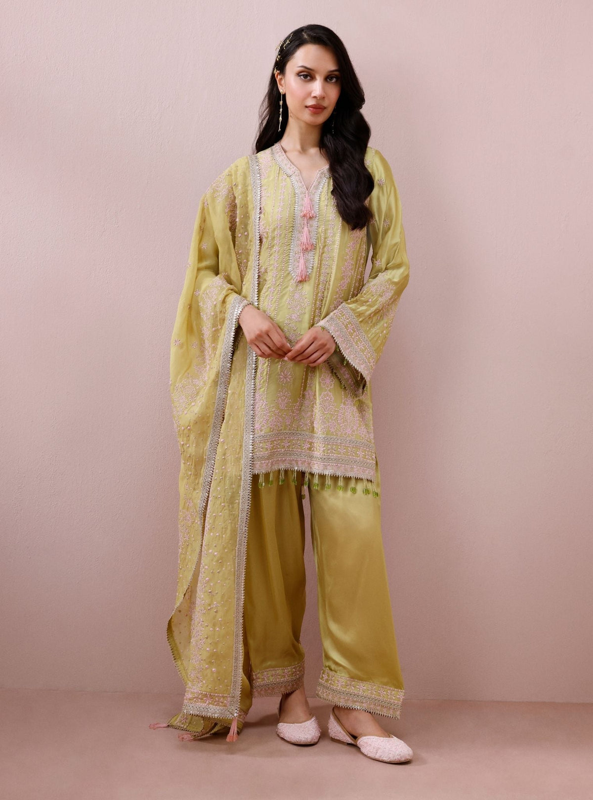 Zuri Cupro Satin Lime Kurta With Farshi Salwar
