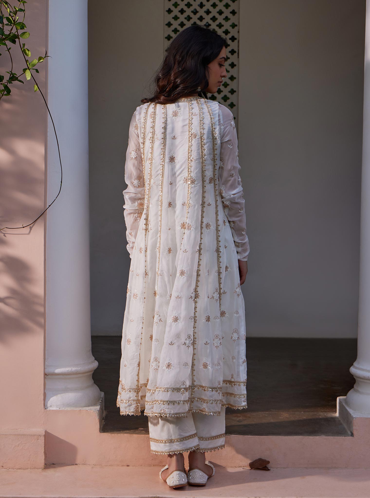 Mulmul Organza Agira Anarkali Off white Kurta with Mulmul Pima Agira Off white Pant