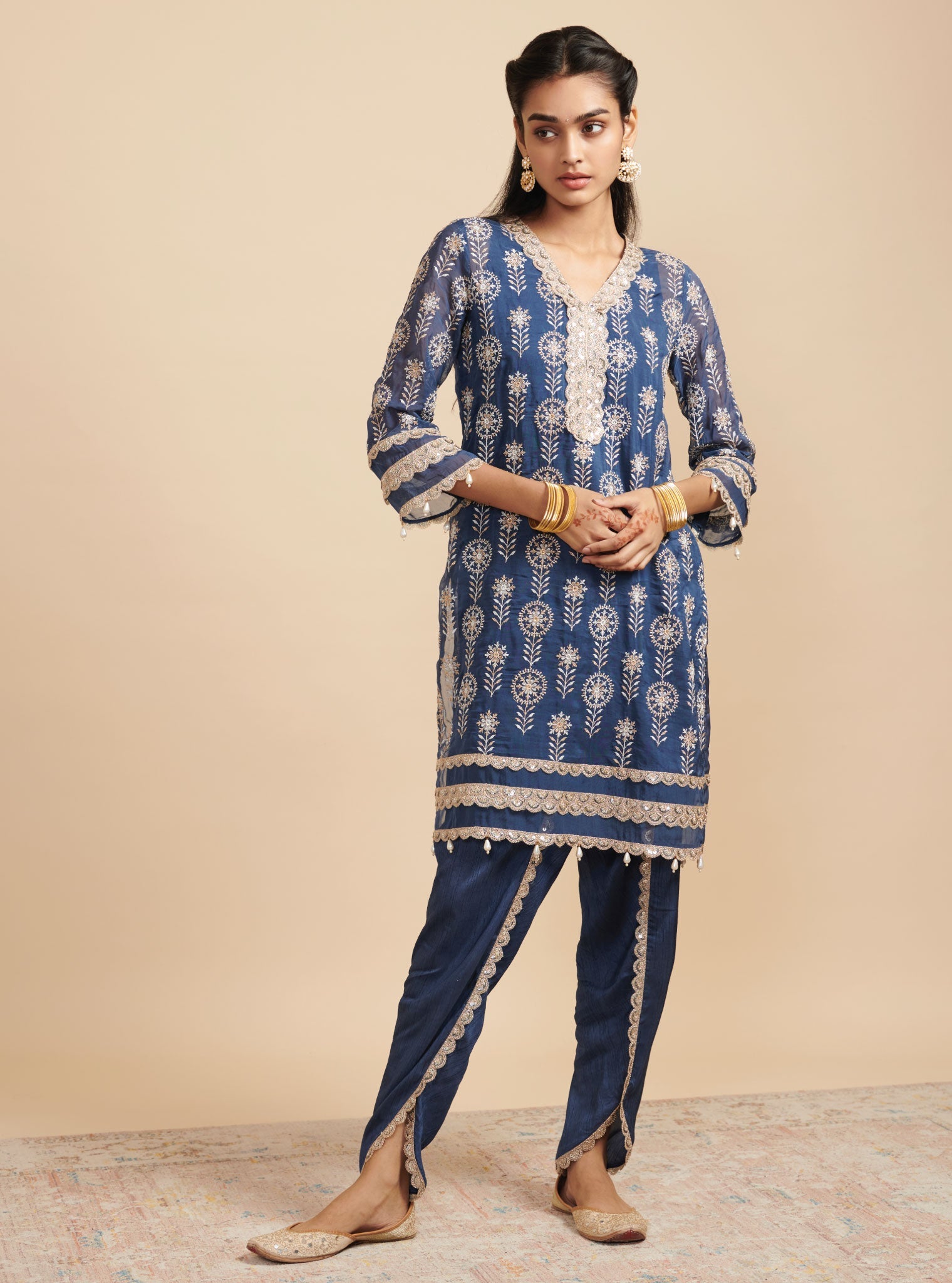 Mulmul Organza Surma Navy Kurta With Mulmul Silk Surma Navy Dhoti Pant