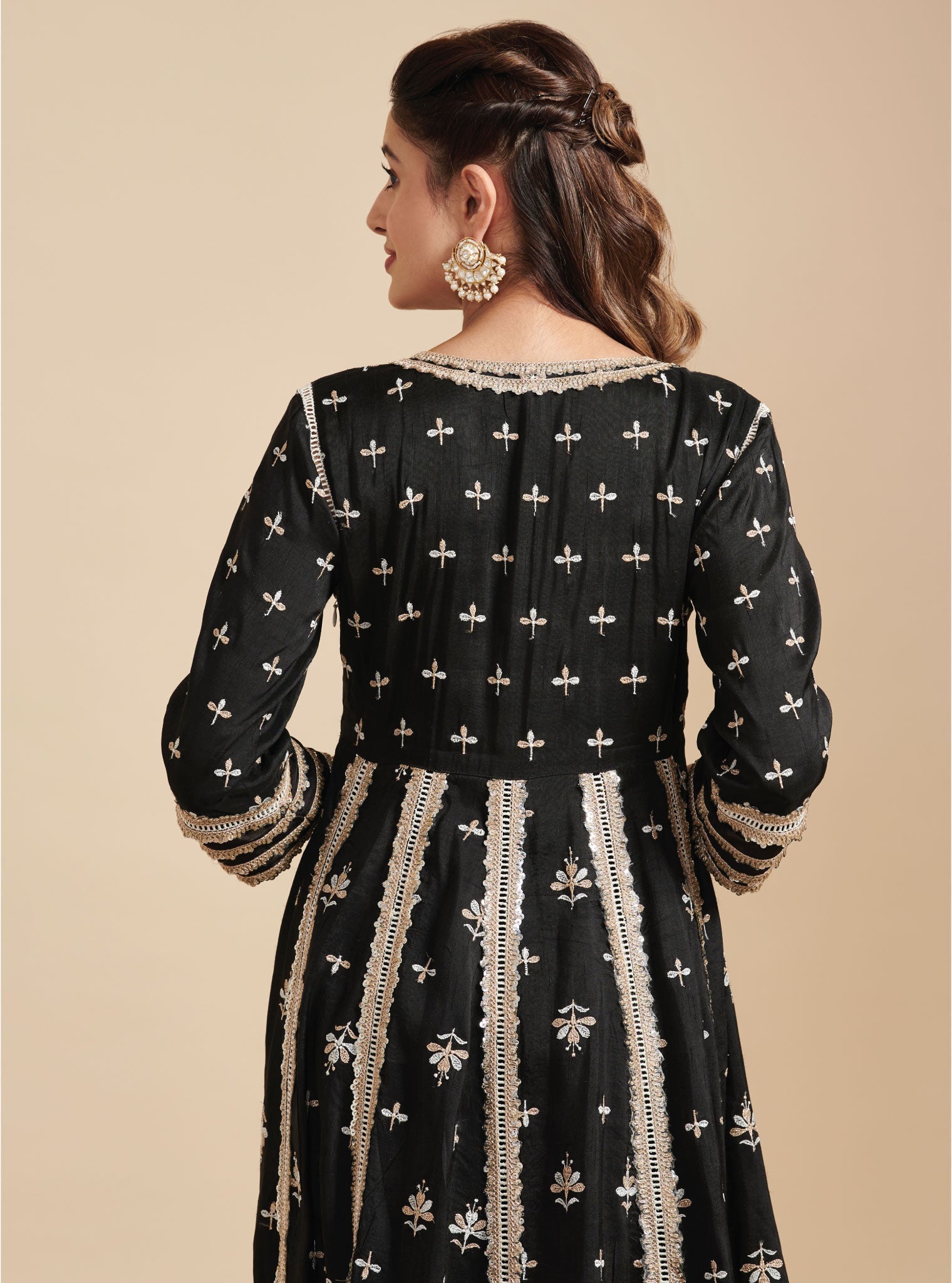 Mulmul Silk Khanak Anarkali Black Kurta With Mulmul Silk Khanak Black Pant