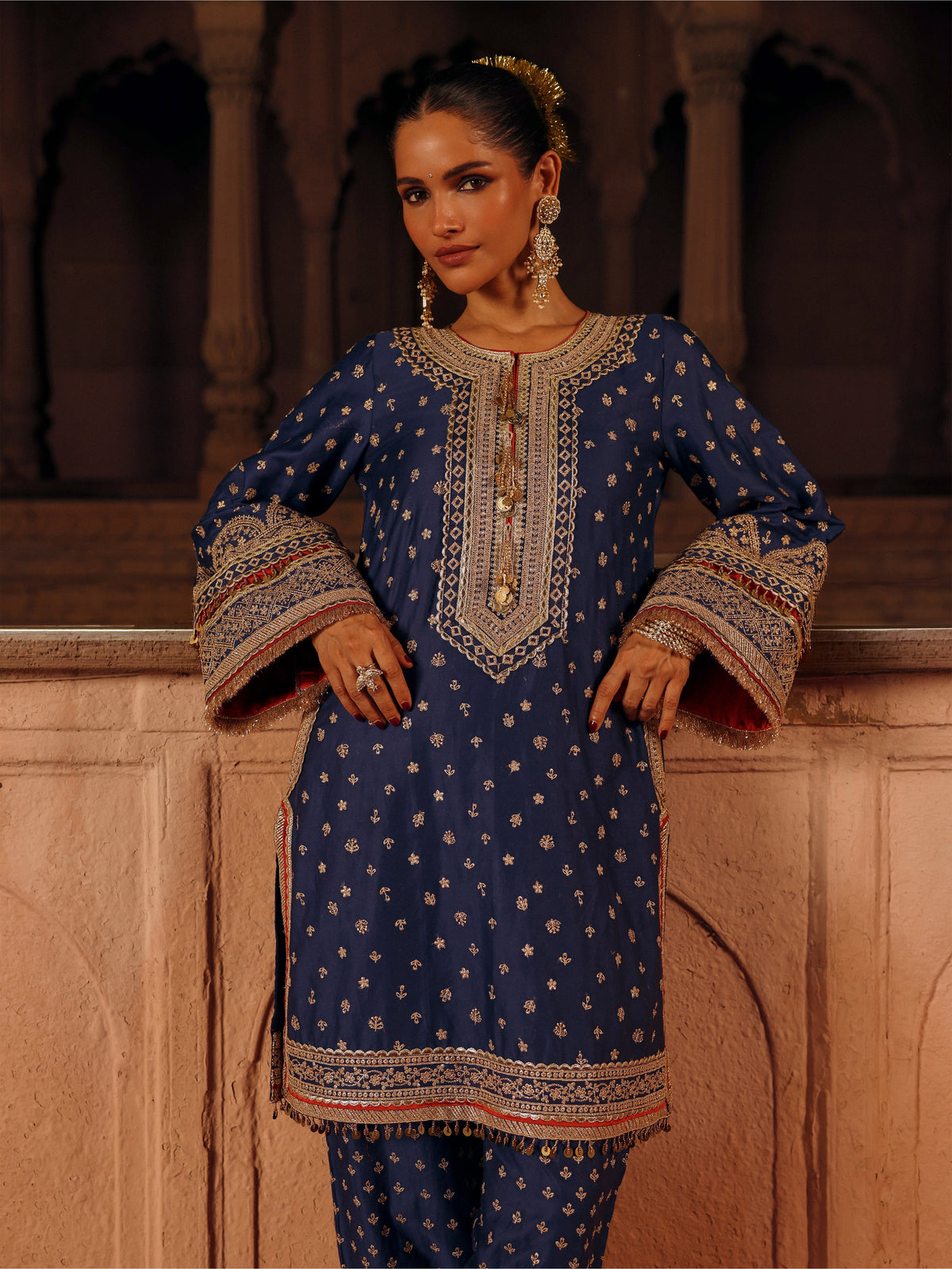 Sairi Pima Satin Navy Short Kurta Set